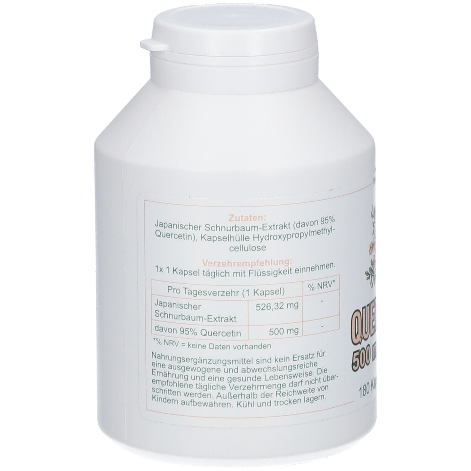 Rückseite der Dose mit Zutatenliste und Verzehrempfehlung für Quercetin 500 mg Mono Kapseln.