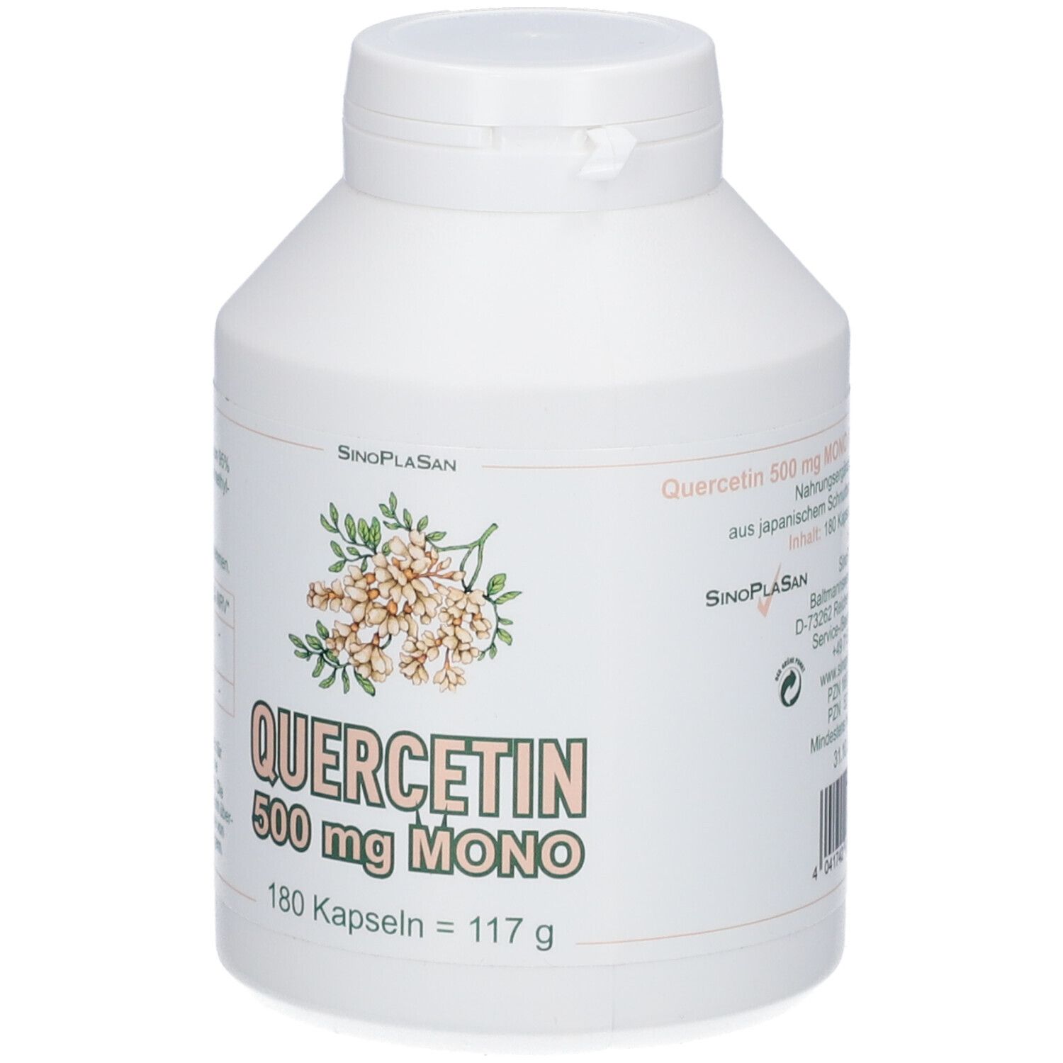 Vorderseite der Dose mit Quercetin 500 mg Mono Kapseln und Herstellerangaben.