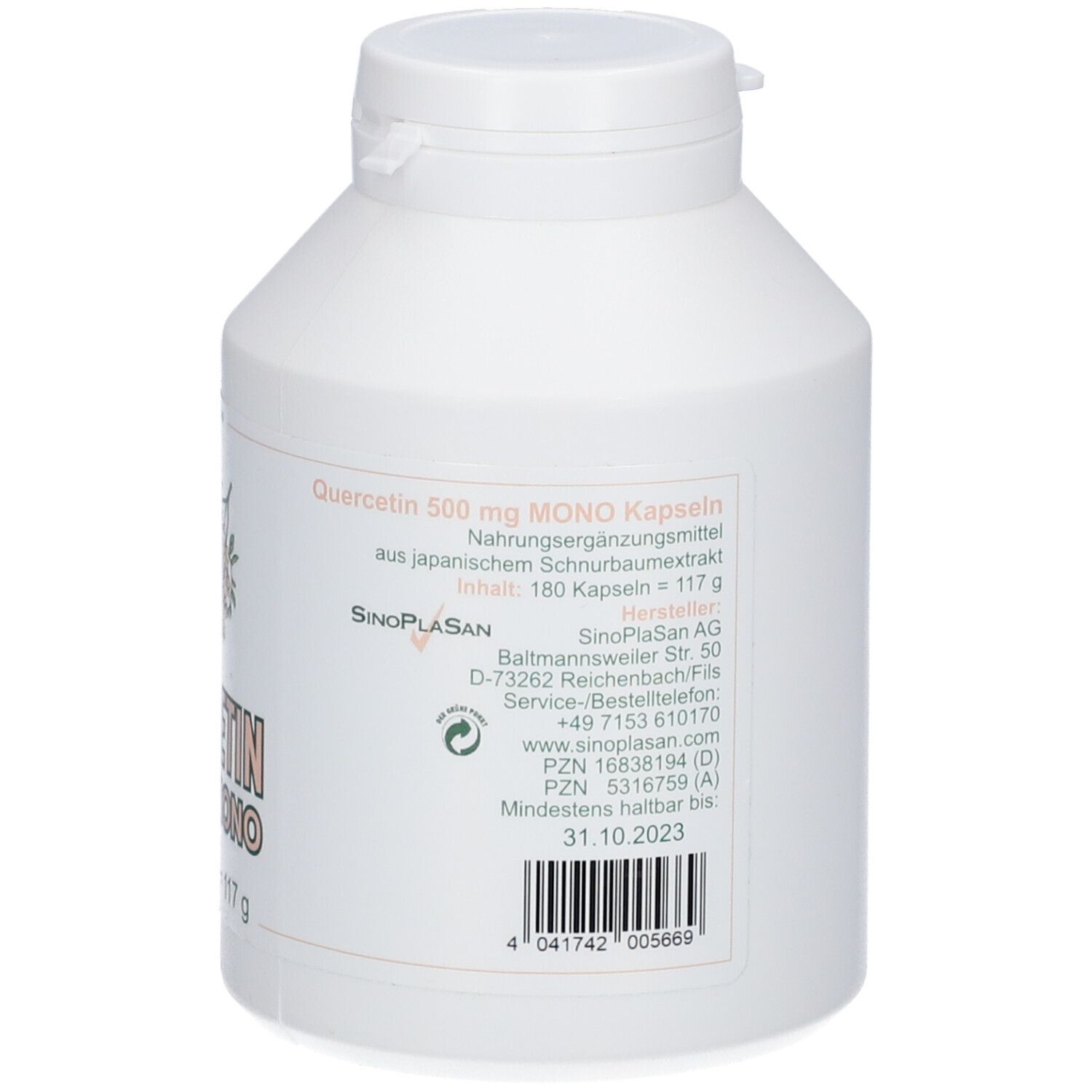 Rückseite der Dose mit Hersteller, PZN und Mindesthaltbarkeitsdatum für Quercetin 500 mg Mono Kapseln.