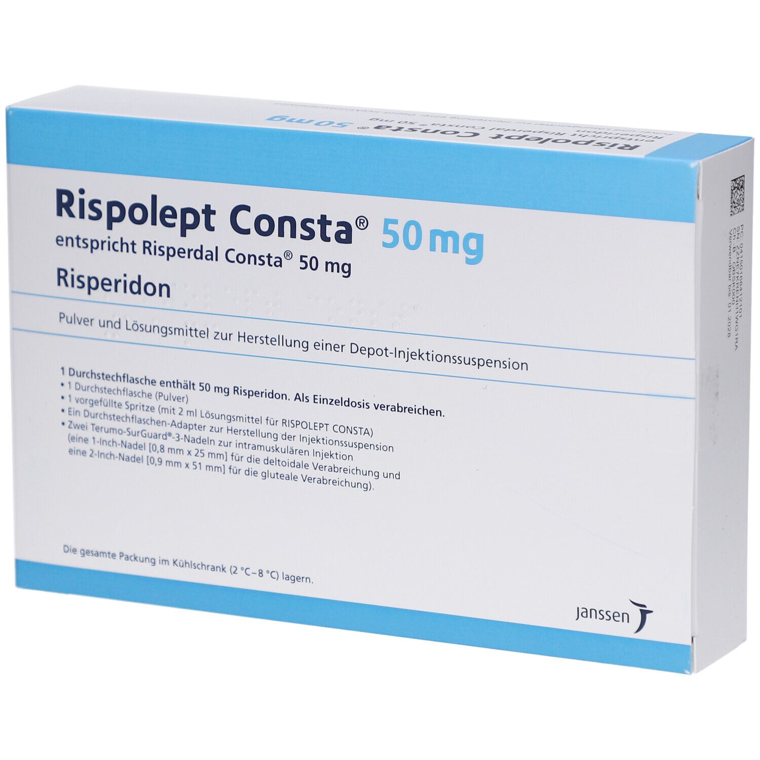 Karton von Rispolept Consta 50 mg. Enthält Risperidon. Text und Logo von Janssen. Blaue und weiße Verpackung.