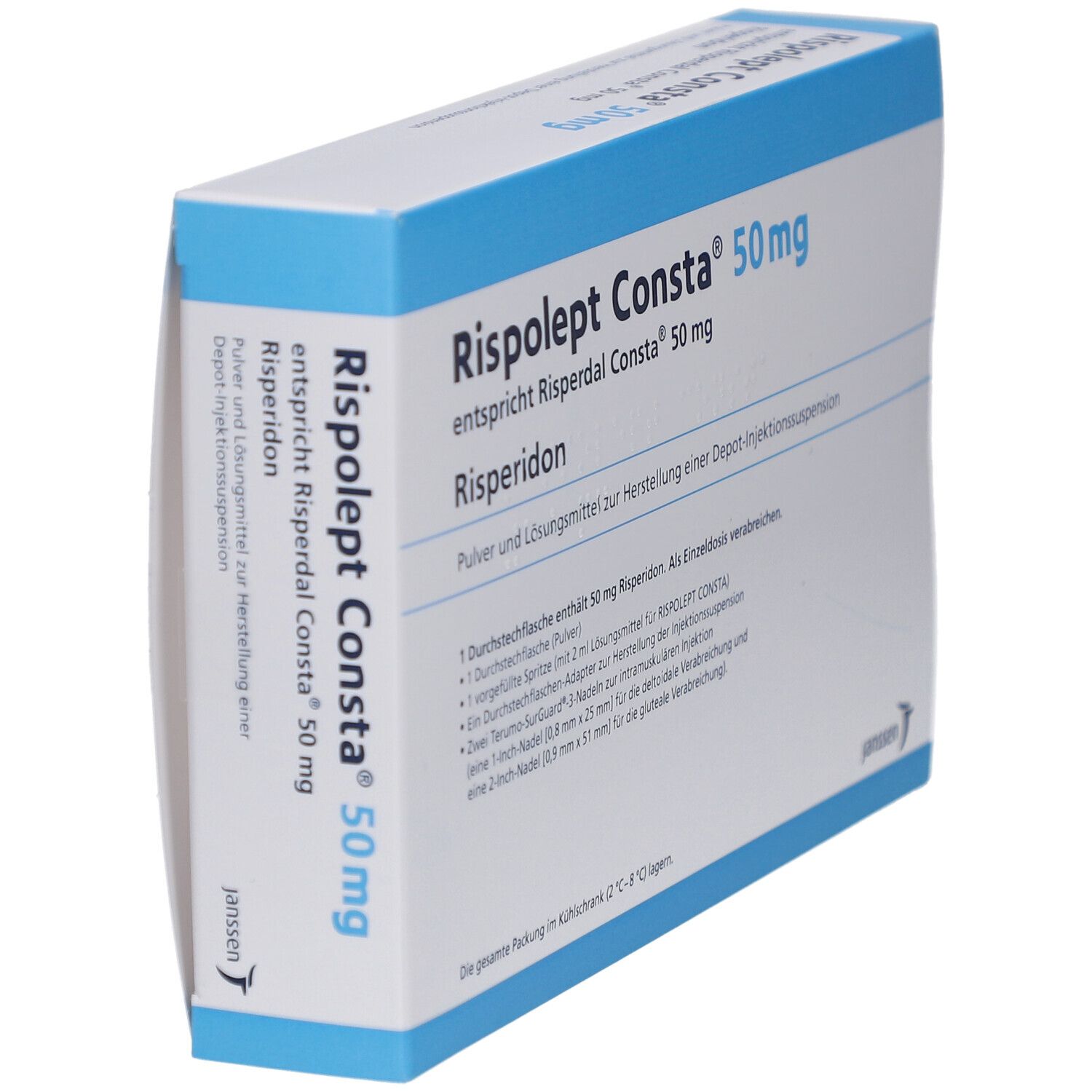 Schräg gestellte Verpackung von Rispolept Consta 50 mg. Blaue und weiße Schachtel mit Text und Logo von Janssen.