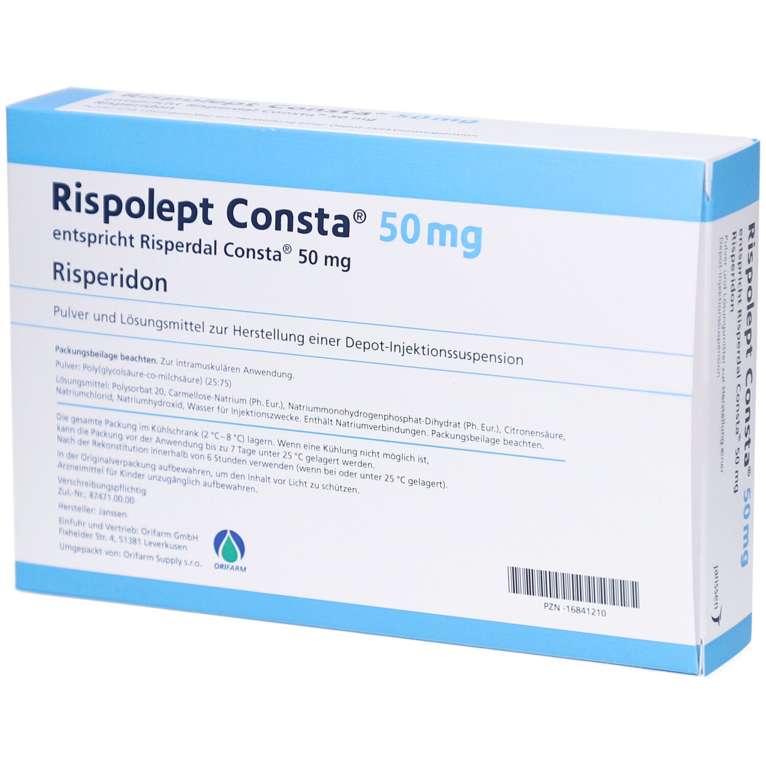 Karton von Rispolept Consta 50 mg. Enthält Risperidon. Text und Logo von Janssen. Blaue und weiße Verpackung.