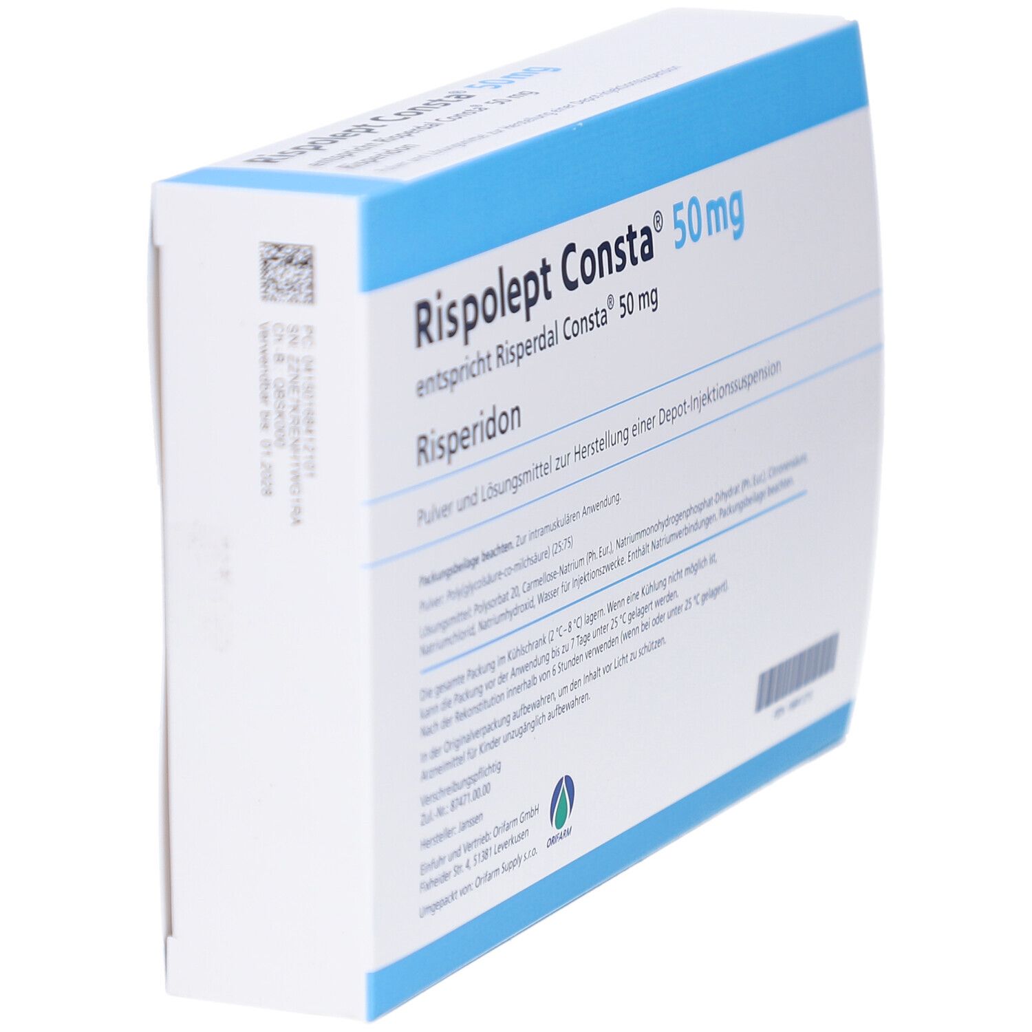 Schräg gestellte Verpackung von Rispolept Consta 50 mg. Blaue und weiße Schachtel mit Text und Logo von Janssen.