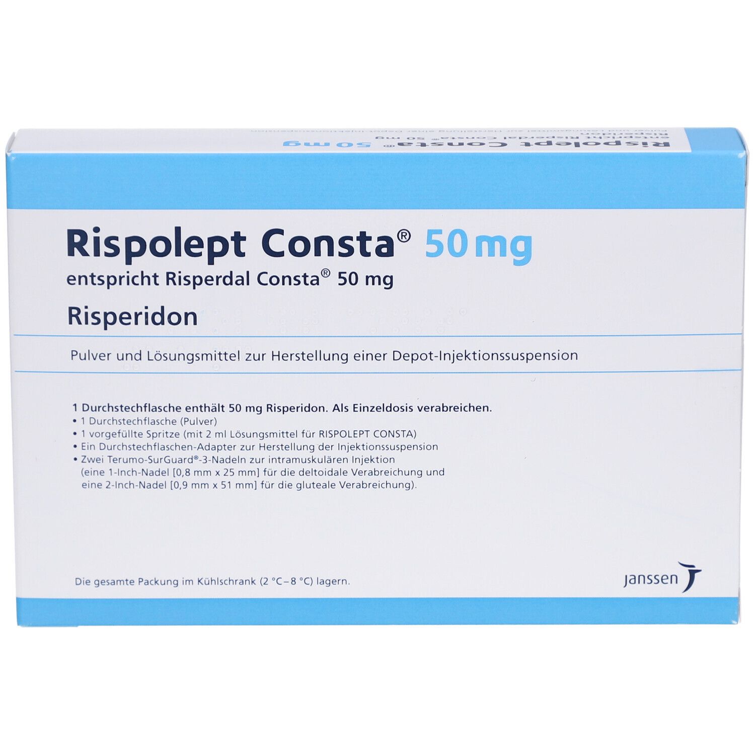 Karton von Rispolept Consta 50 mg. Enthält Risperidon. Text und Logo von Janssen. Blaue und weiße Verpackung.