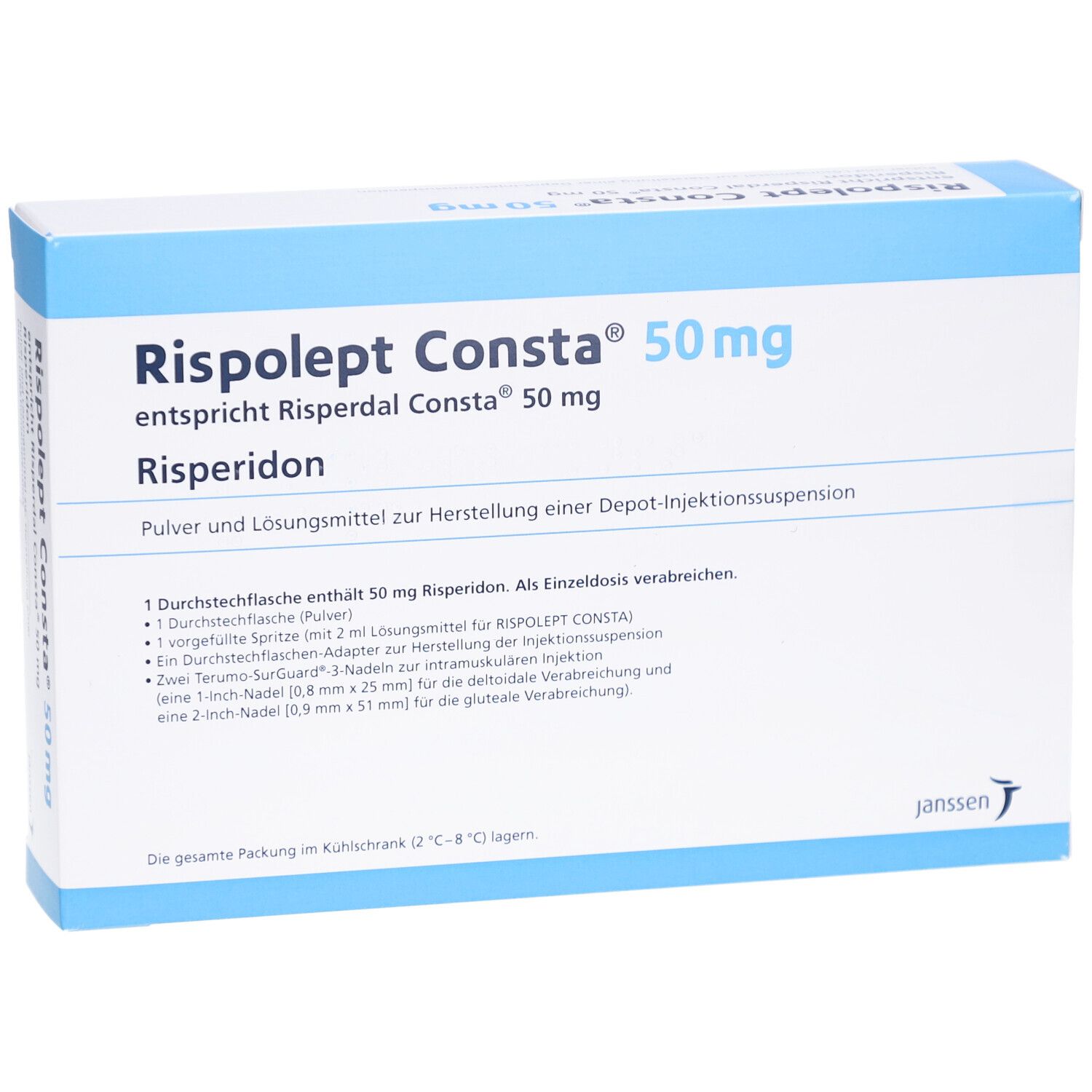 Karton von Rispolept Consta 50 mg. Enthält Risperidon. Text und Logo von Janssen. Blaue und weiße Verpackung.
