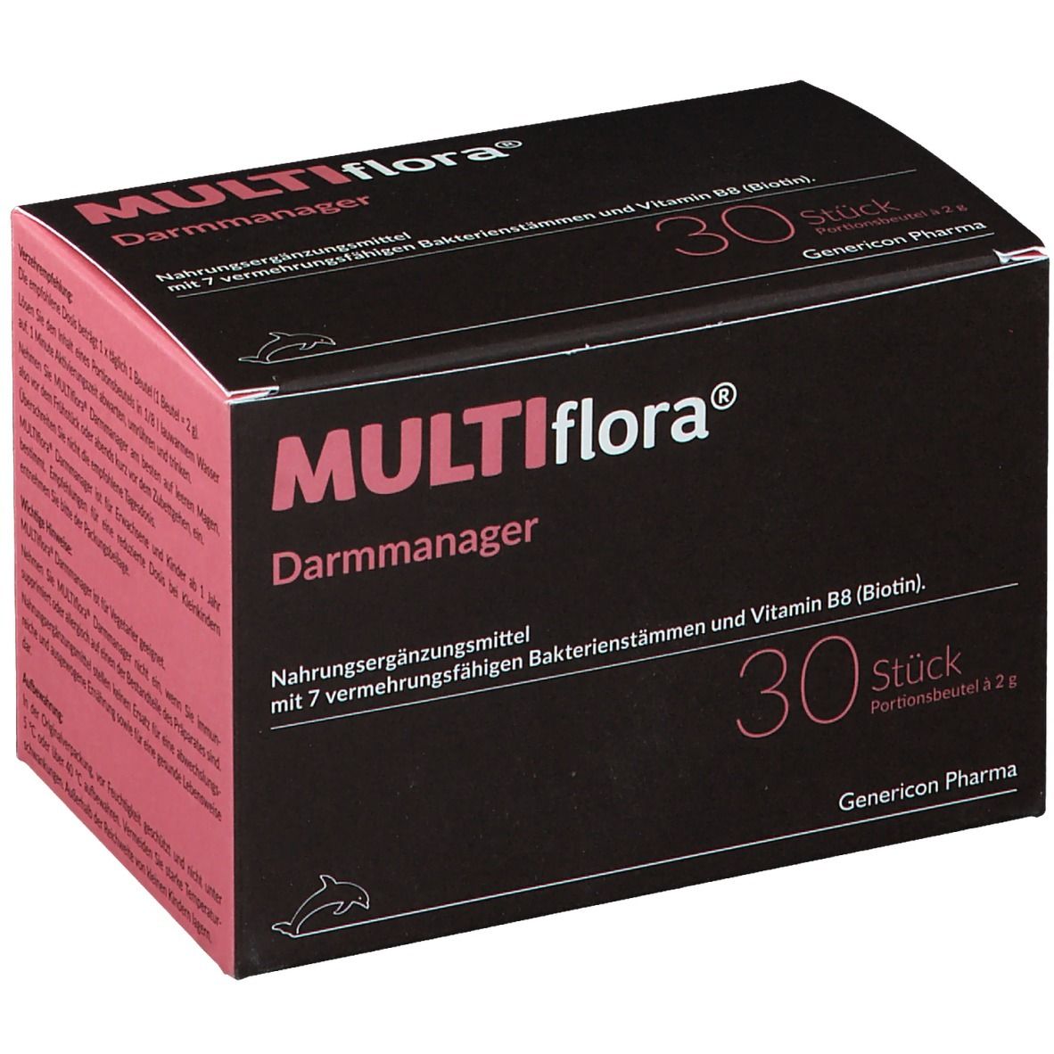 Dunkelbraune Schachtel mit rosa Akzenten. Aufschrift: MULTIflora® Darmmanager, 30 Stück. Enthält Bakterienstämme und Vitamin B8.
