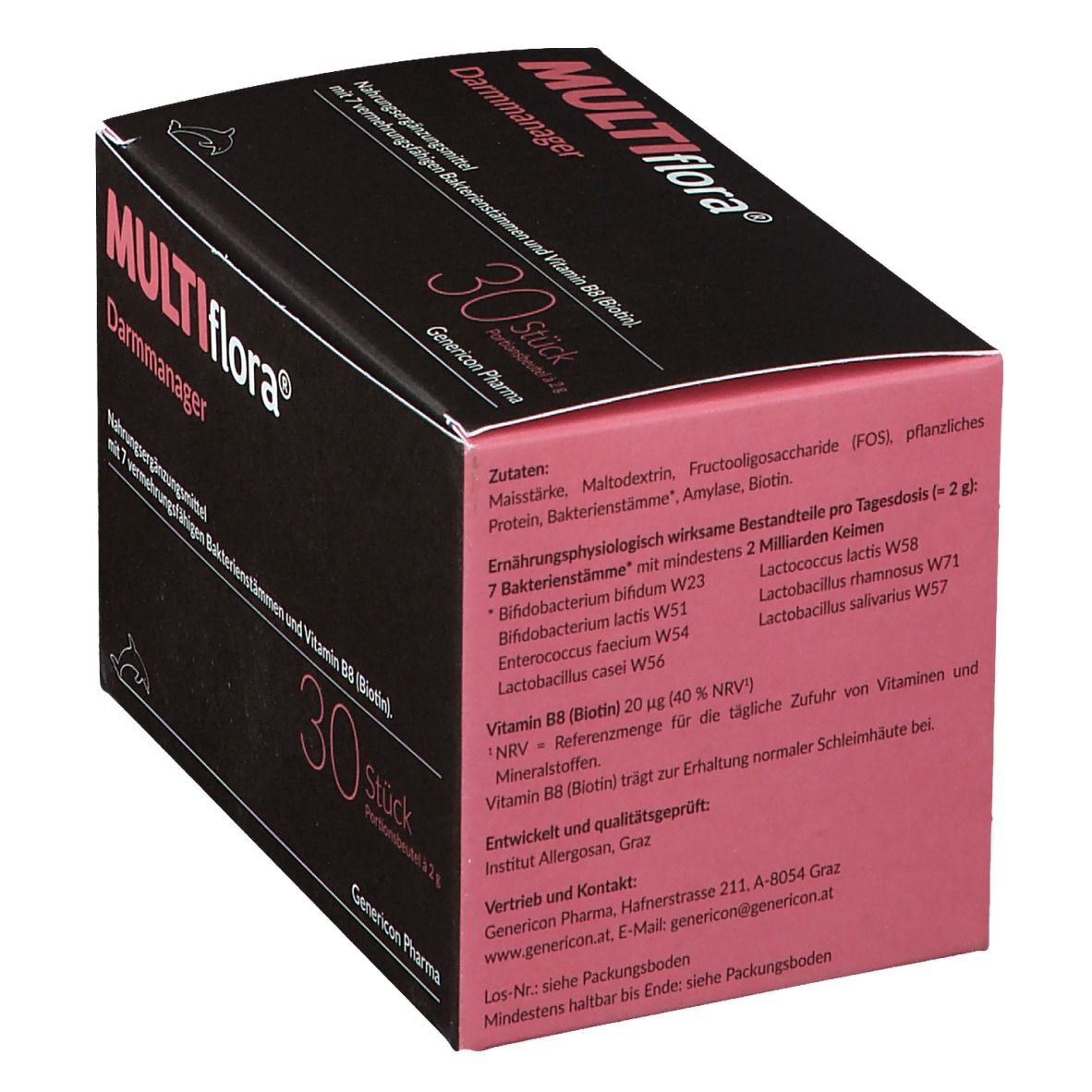 Dunkelbraune Schachtel mit rosa Akzenten. Aufschrift: MULTIflora® Darmmanager, 30 Stück. Enthält Bakterienstämme und Vitamin B8. Rückseite mit Inhaltsangaben.