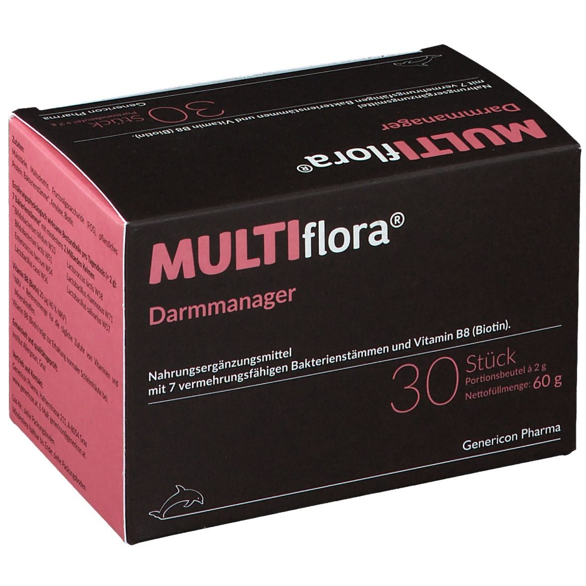 Dunkelbraune Schachtel mit rosa Akzenten. Aufschrift: MULTIflora® Darmmanager, 30 Stück. Enthält Bakterienstämme und Vitamin B8. Nettogewicht 60g.