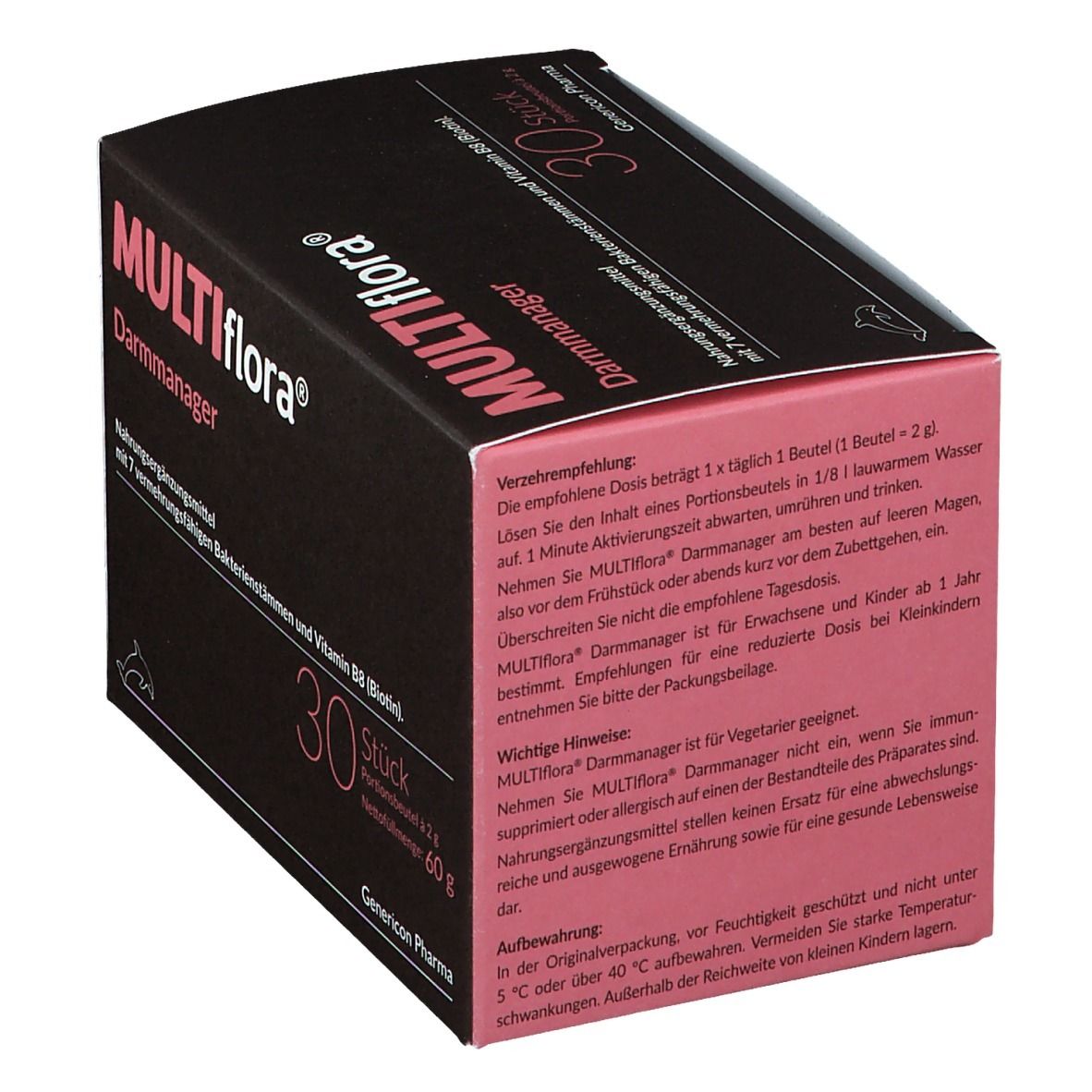 Dunkelbraune Schachtel mit rosa Akzenten. Aufschrift: MULTIflora® Darmmanager, 30 Stück. Enthält Bakterienstämme und Vitamin B8. Gebrauchsanweisung.