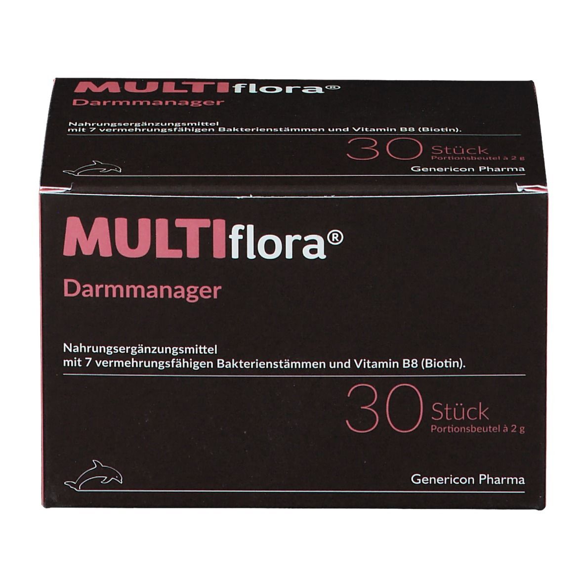 Dunkelbraune Schachtel mit rosa Akzenten. Aufschrift: MULTIflora® Darmmanager, 30 Stück. Enthält Bakterienstämme und Vitamin B8.