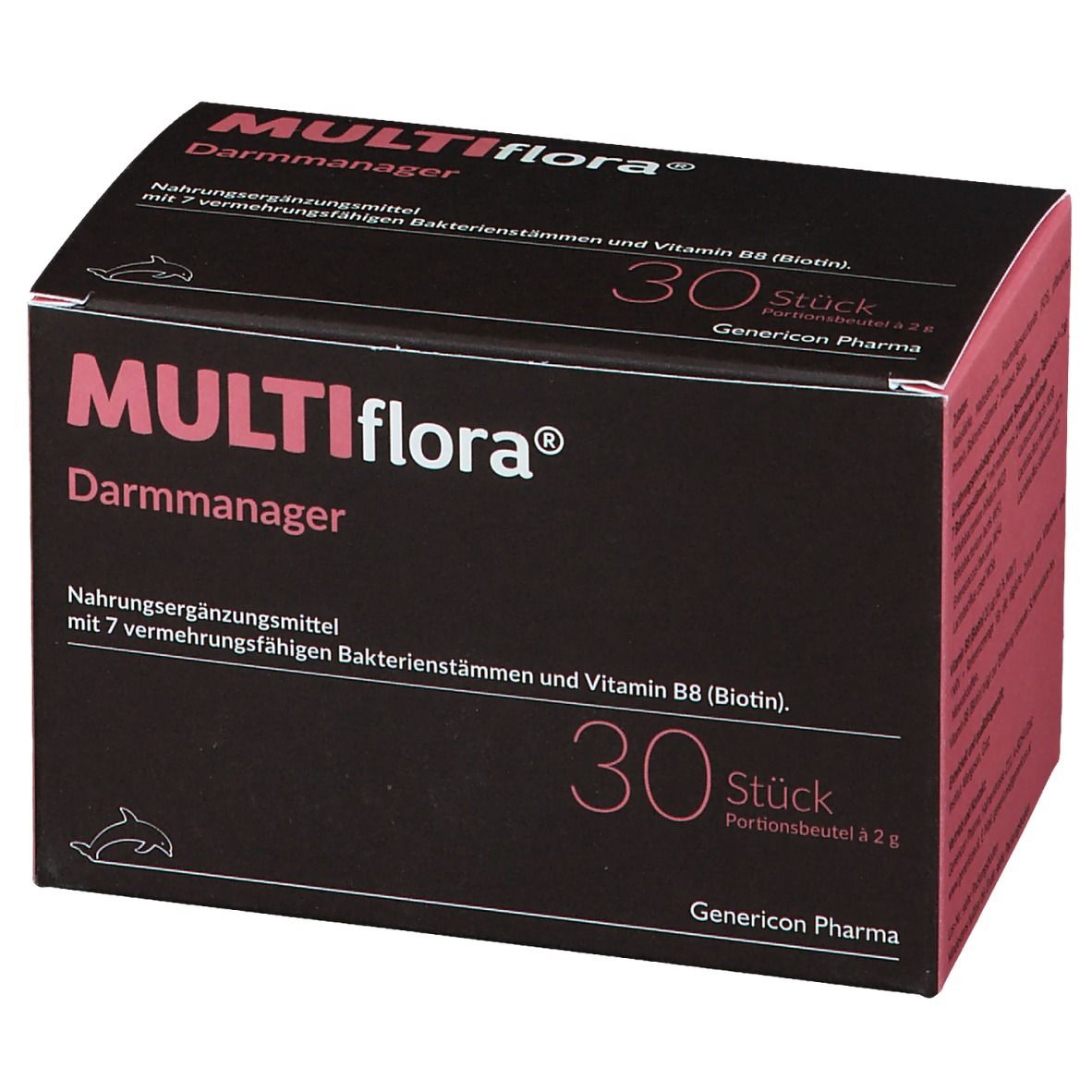 Dunkelbraune Schachtel mit rosa Akzenten. Aufschrift: MULTIflora® Darmmanager, 30 Stück. Enthält Bakterienstämme und Vitamin B8.