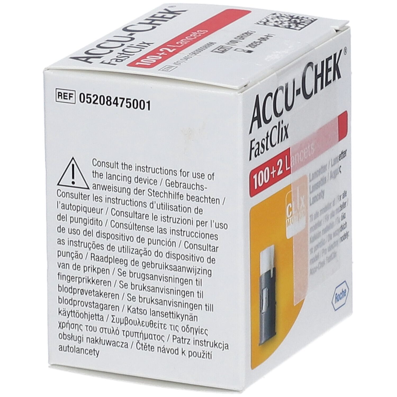 Verpackung Accu-Chek Fastclix mit 100+2 Lanzetten. Enthält Warnhinweise und mehrsprachige Anweisungen zur Verwendung.