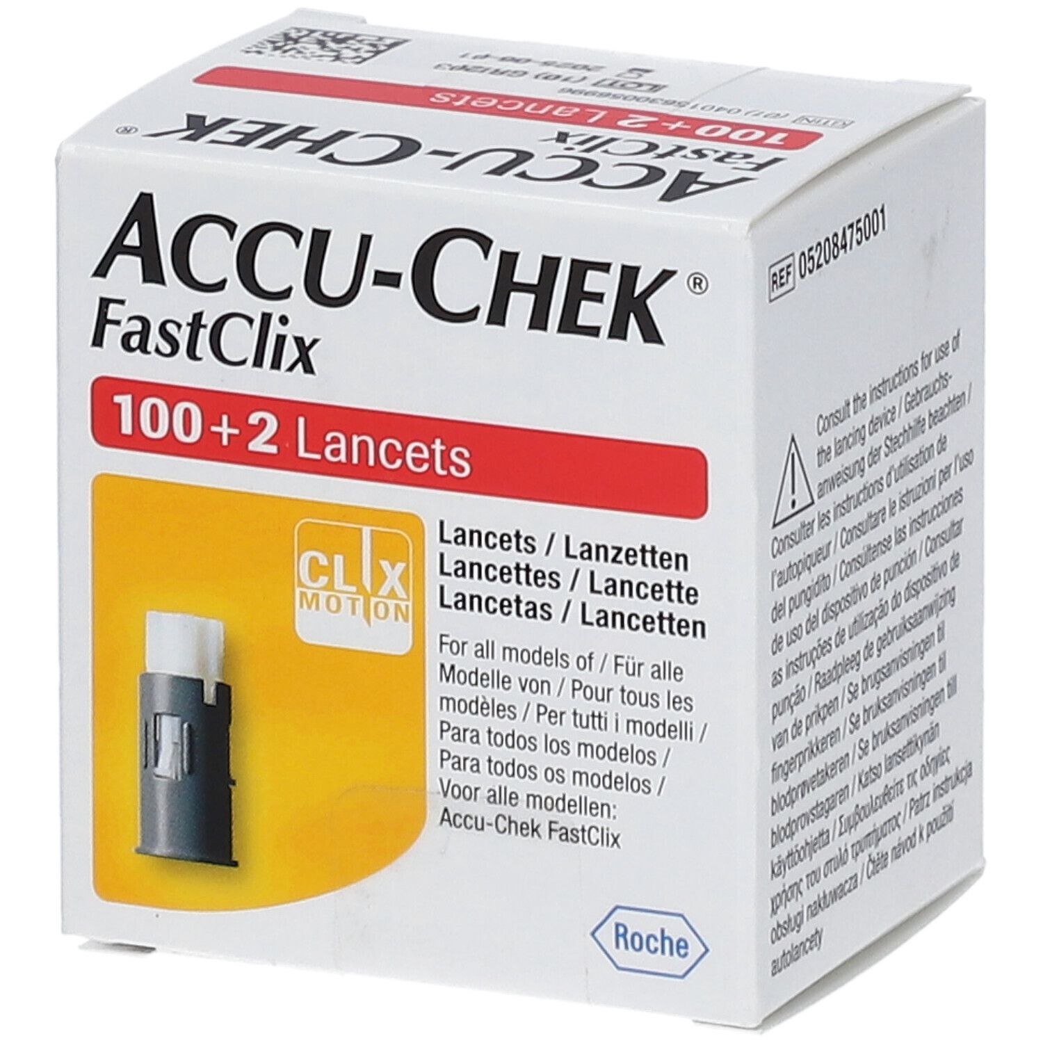 Verpackung Accu-Chek Fastclix mit 100+2 Lanzetten. Zeigt das Produkt und Informationen in verschiedenen Sprachen.