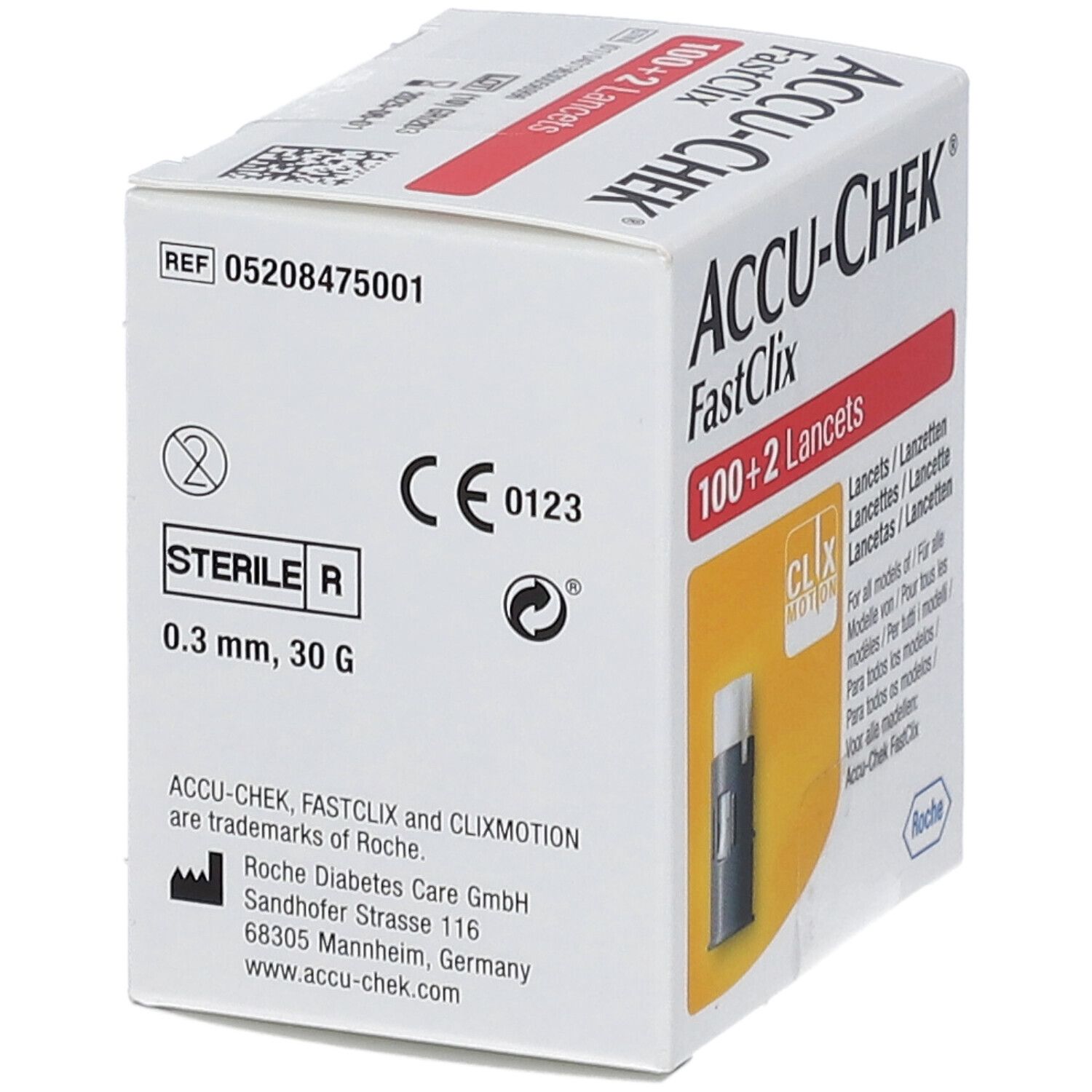 Verpackung Accu-Chek Fastclix mit 100+2 Lanzetten. Enthält CE-Kennzeichnung, Steril-Symbol und Produktinformationen.