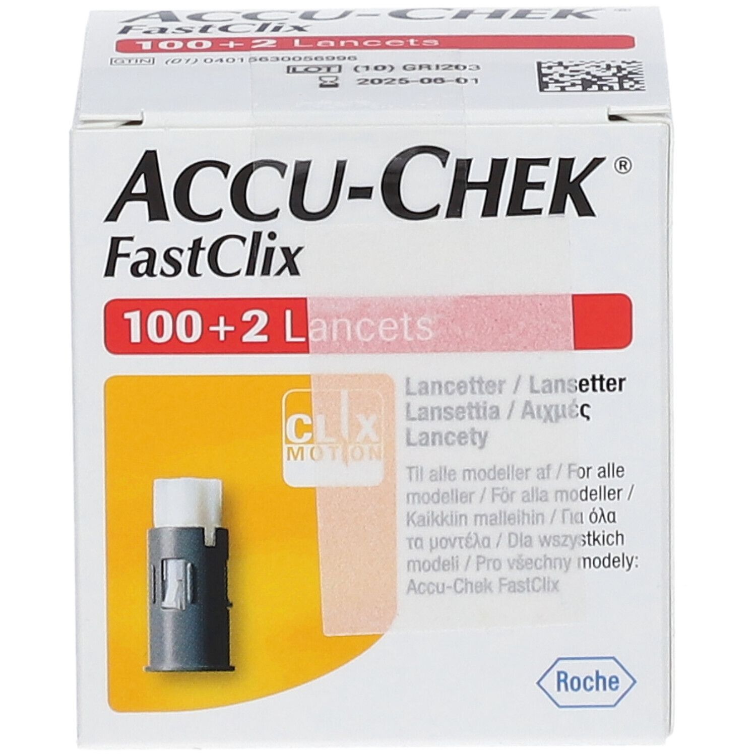 Verpackung Accu-Chek Fastclix mit 100+2 Lanzetten. Zeigt das Produkt und Informationen in verschiedenen Sprachen.