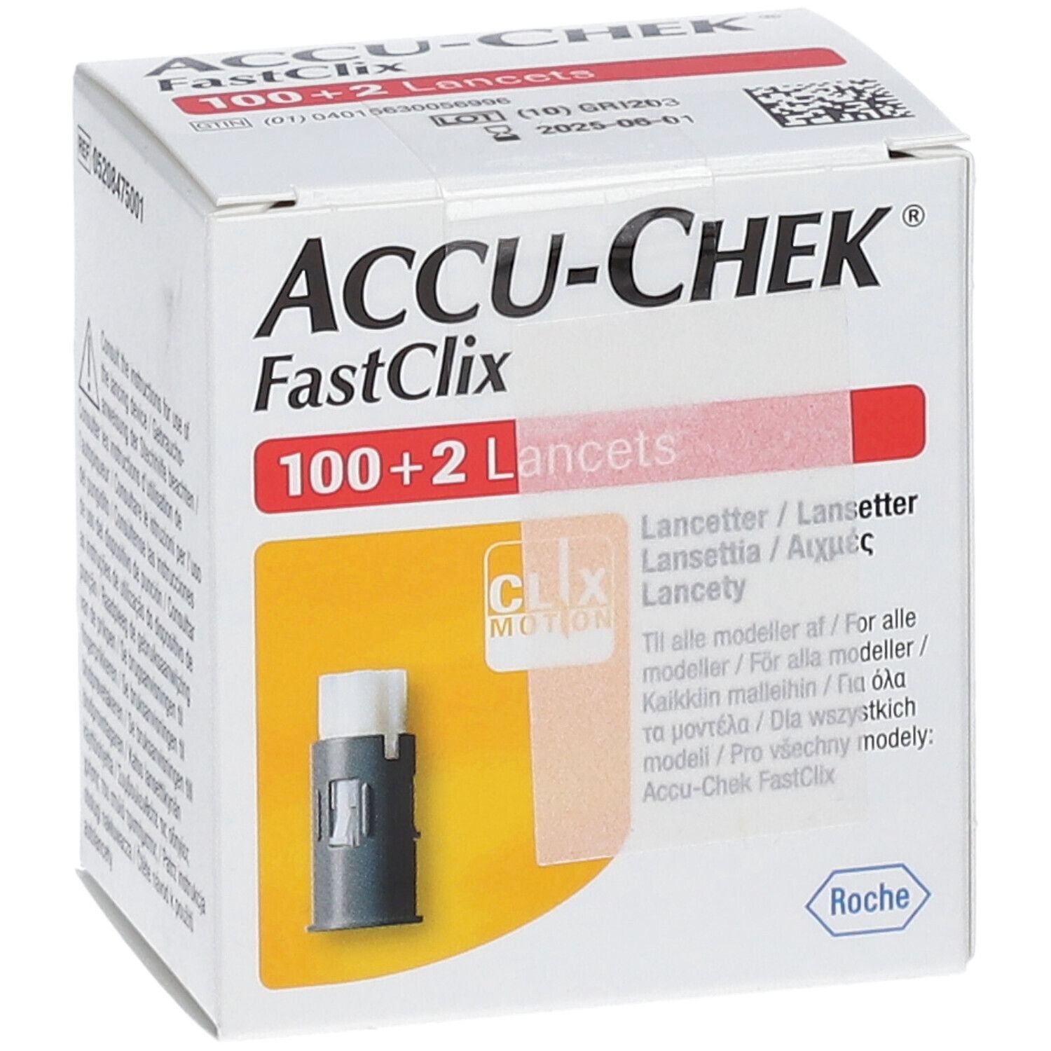 Verpackung Accu-Chek Fastclix mit 100+2 Lanzetten. Zeigt das Produkt und Informationen in verschiedenen Sprachen.