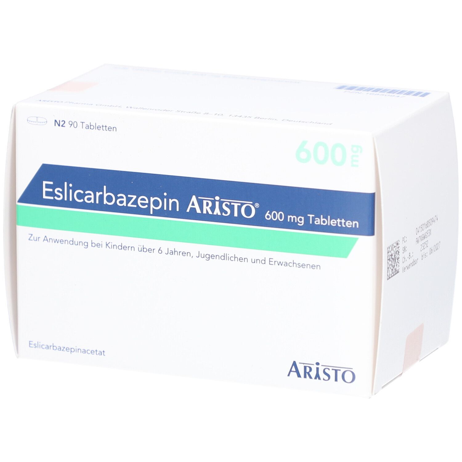 Schachtel mit ESLICARBAZEPIN Aristo 600 mg Tabletten. Aufschrift: Zur Anwendung bei Kindern über 6 Jahren, Jugendlichen und Erwachsenen. Marke: Aristo.