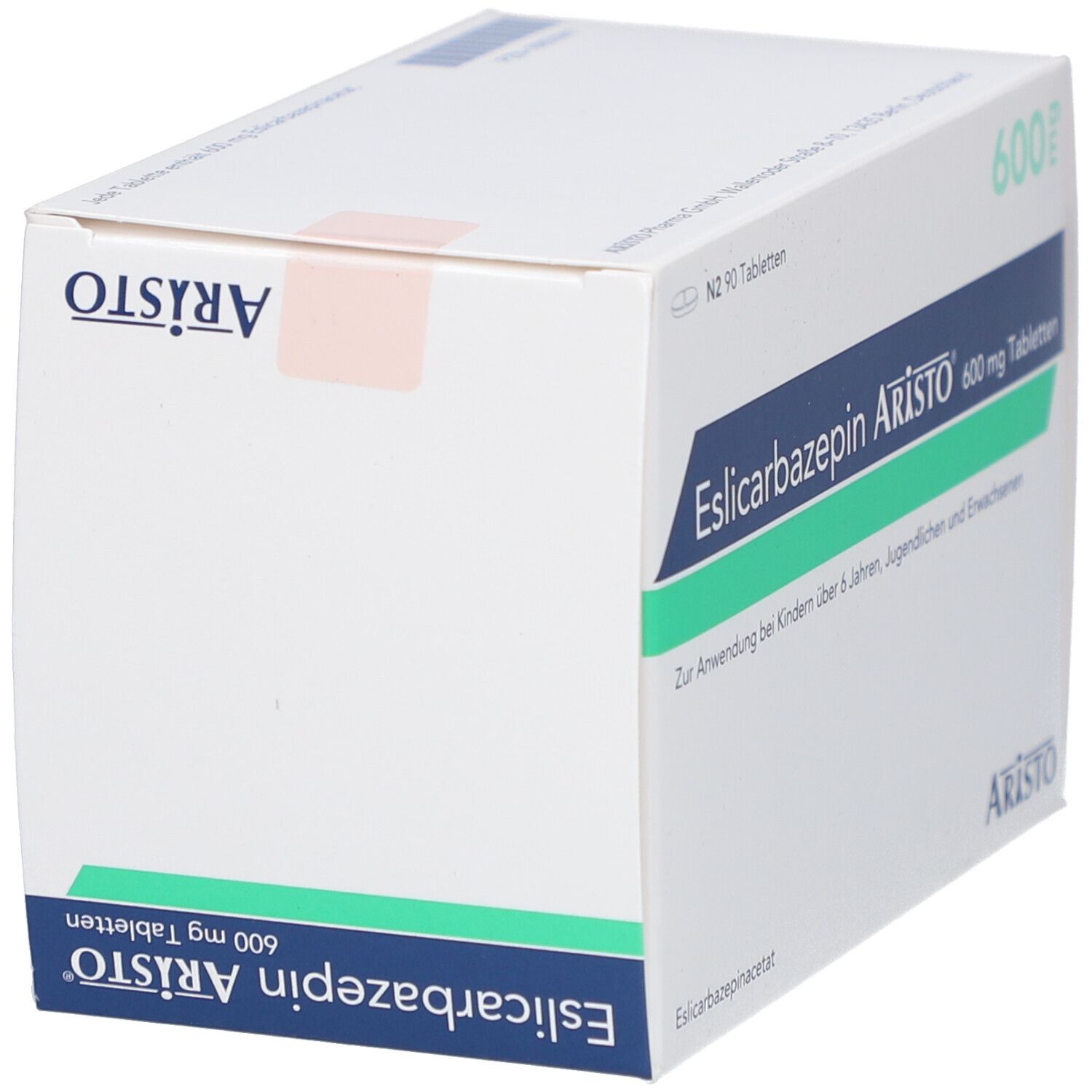 Schachtel mit ESLICARBAZEPIN Aristo 600 mg Tabletten. Aufschrift: Zur Anwendung bei Kindern über 6 Jahren, Jugendlichen und Erwachsenen. Marke: Aristo.
