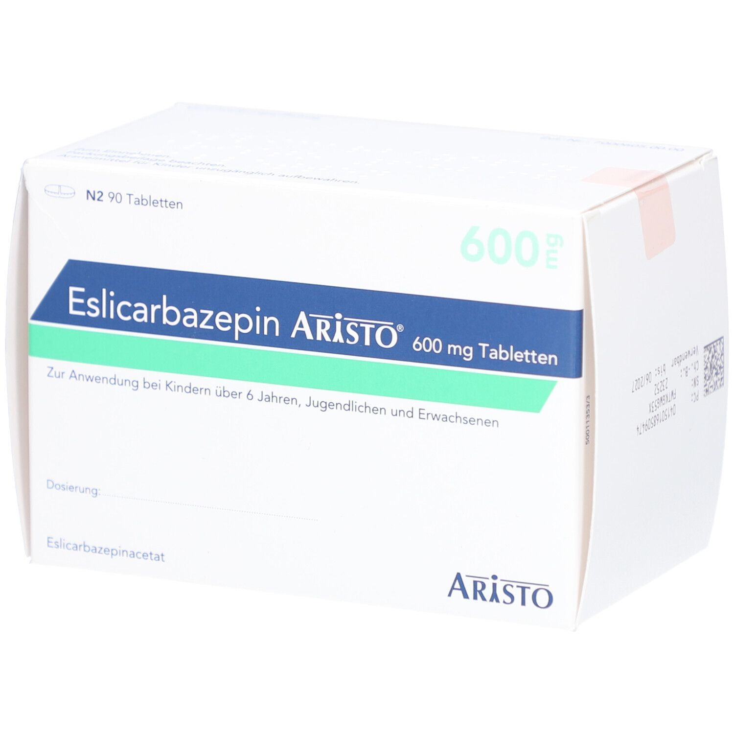 Schachtel mit ESLICARBAZEPIN Aristo 600 mg Tabletten. Aufschrift: Zur Anwendung bei Kindern über 6 Jahren, Jugendlichen und Erwachsenen. Marke: Aristo.