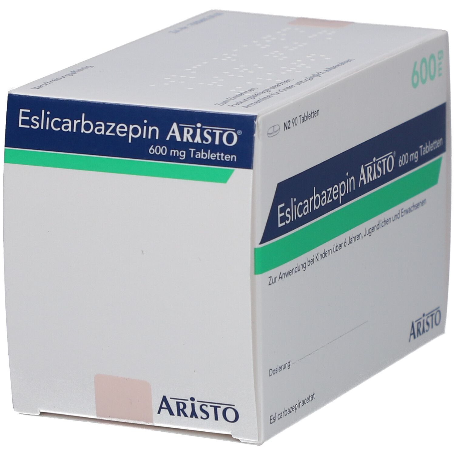 Schachtel mit ESLICARBAZEPIN Aristo 600 mg Tabletten. Aufschrift: Zur Anwendung bei Kindern über 6 Jahren, Jugendlichen und Erwachsenen. Marke: Aristo.