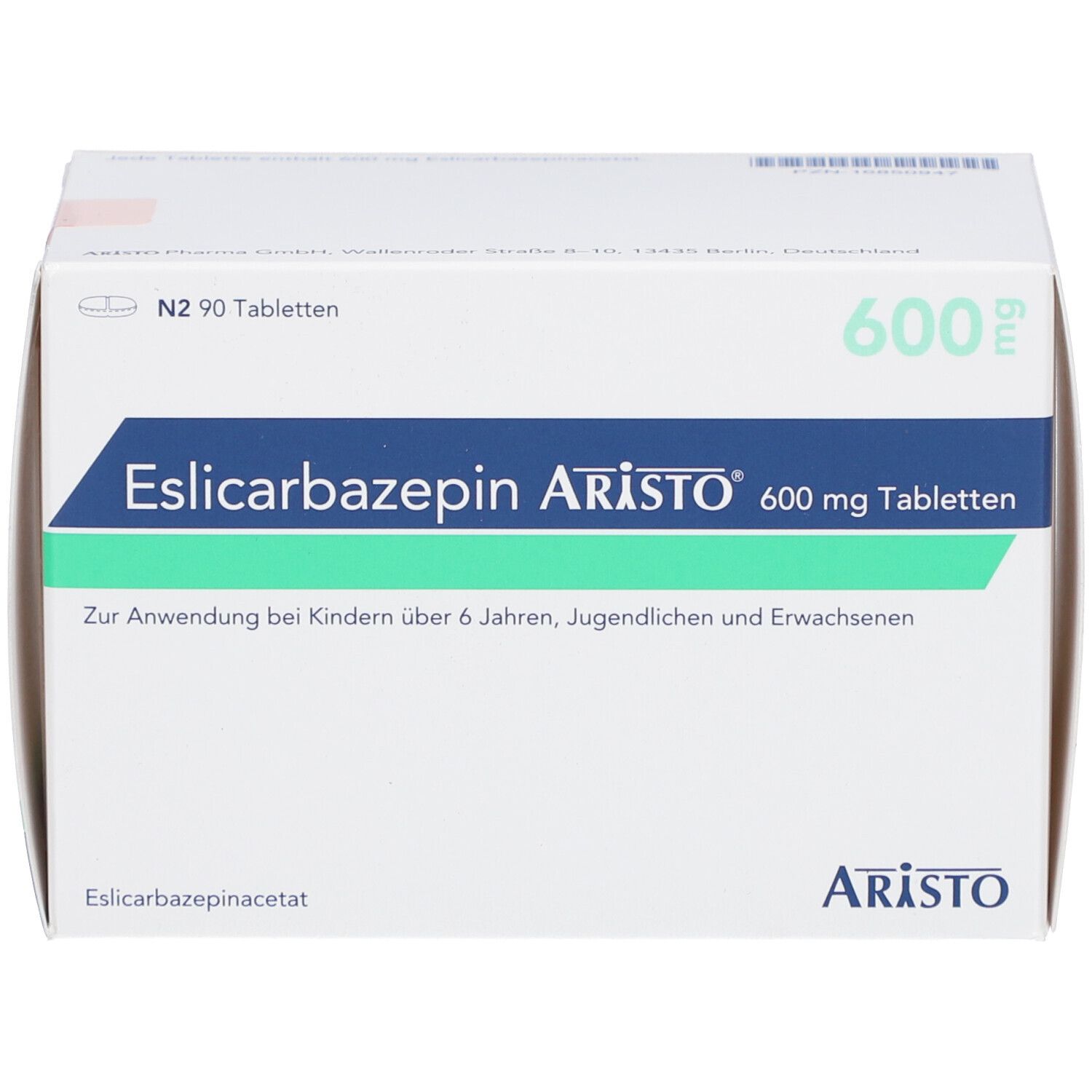Schachtel mit ESLICARBAZEPIN Aristo 600 mg Tabletten. Aufschrift: Zur Anwendung bei Kindern über 6 Jahren, Jugendlichen und Erwachsenen. Marke: Aristo.