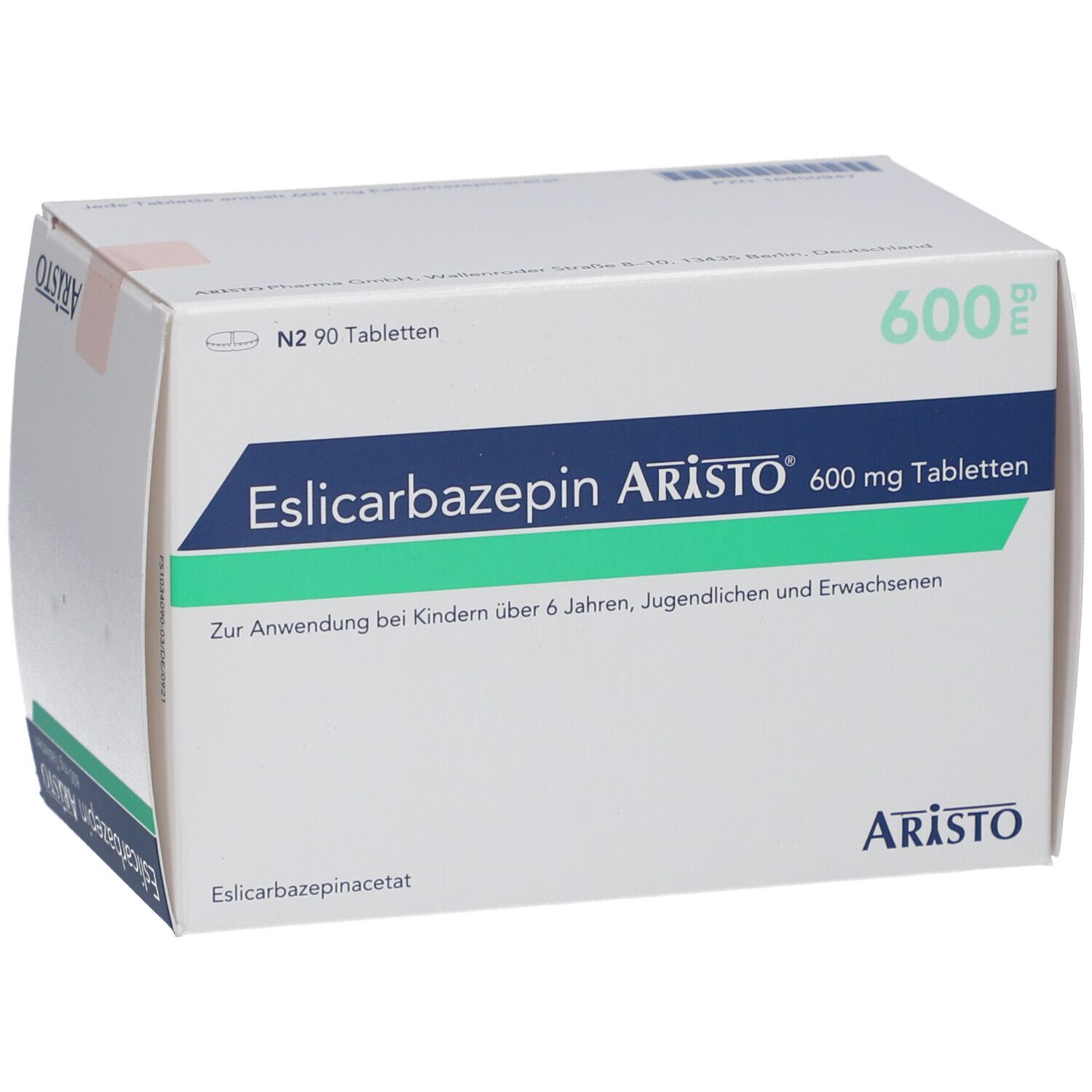Schachtel mit ESLICARBAZEPIN Aristo 600 mg Tabletten. Aufschrift: Zur Anwendung bei Kindern über 6 Jahren, Jugendlichen und Erwachsenen. Marke: Aristo.