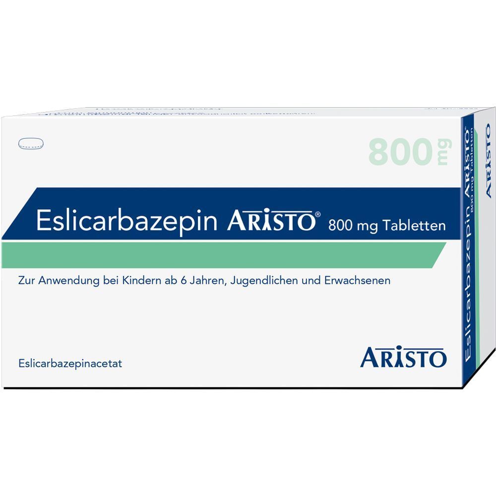 Schachtel mit ESLICARBAZEPIN Aristo 800 mg Tabletten. Aufschrift: Zur Anwendung bei Kindern ab 6 Jahren, Jugendlichen und Erwachsenen.