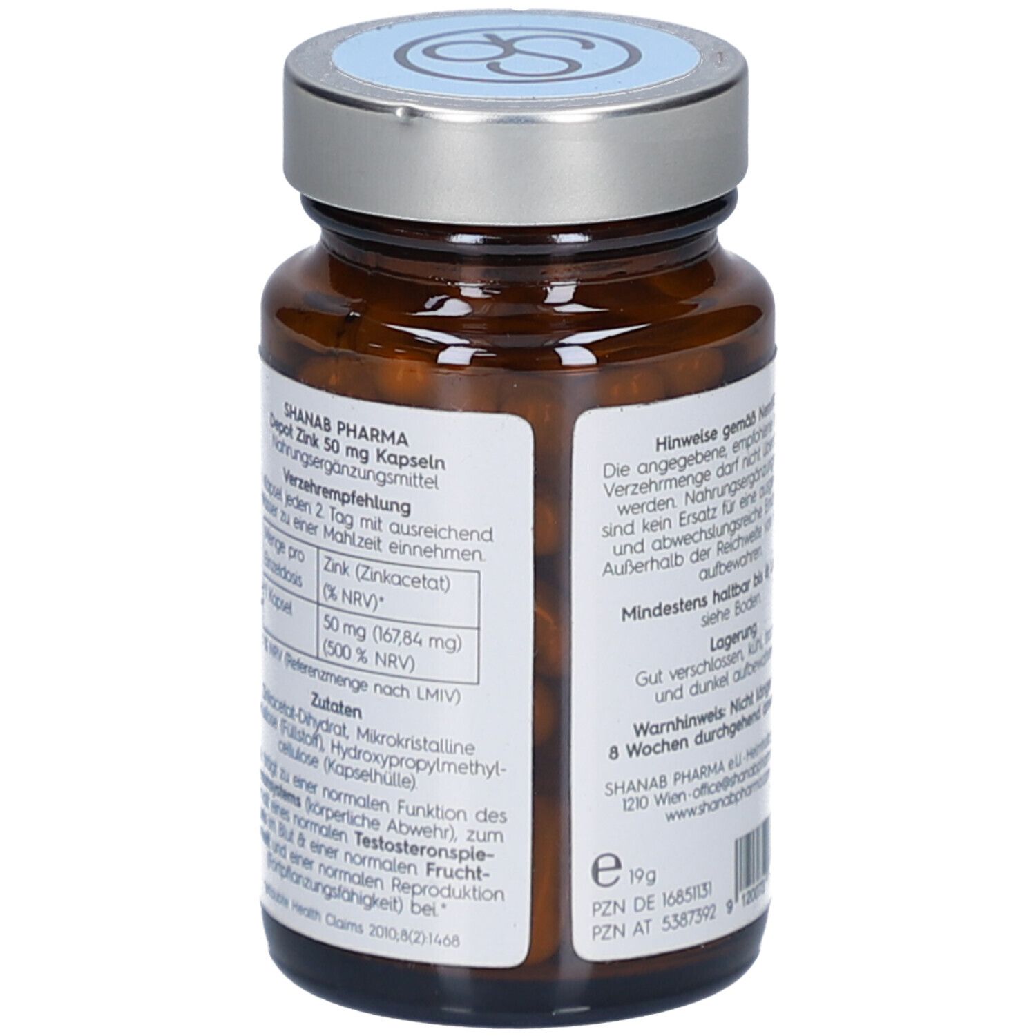 Braune Glasflasche. Aufkleber mit Produktinformationen: Depot Zink 50 mg, Zinkacetat. Inhaltsstoffe und Nährwertangaben. Marke SHANAB PHARMA.