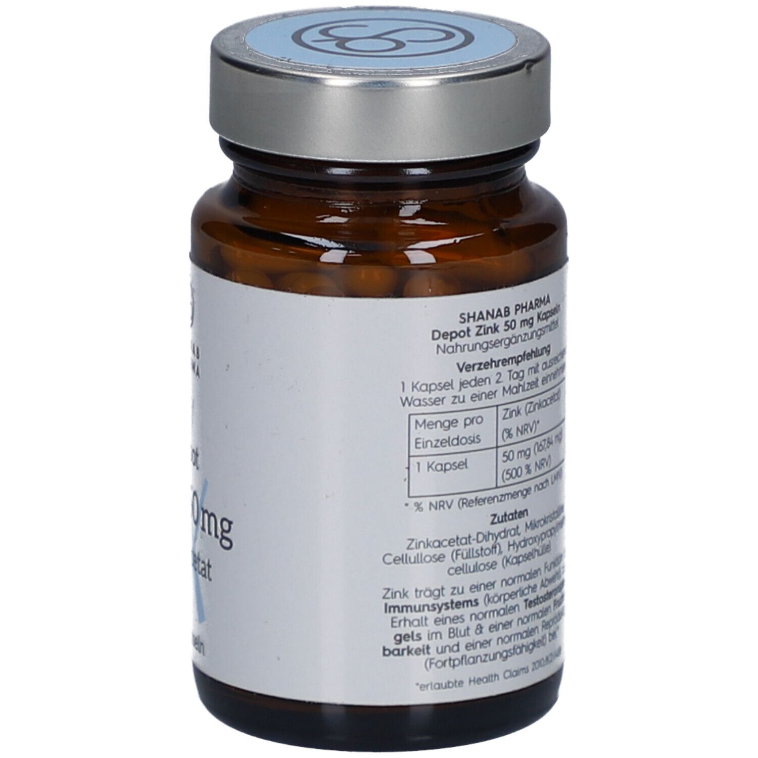 Braune Glasflasche. Aufkleber mit Produktinformationen: Depot Zink 50 mg, Zinkacetat. Dosierungsempfehlung und Inhaltsstoffe. Marke SHANAB PHARMA.