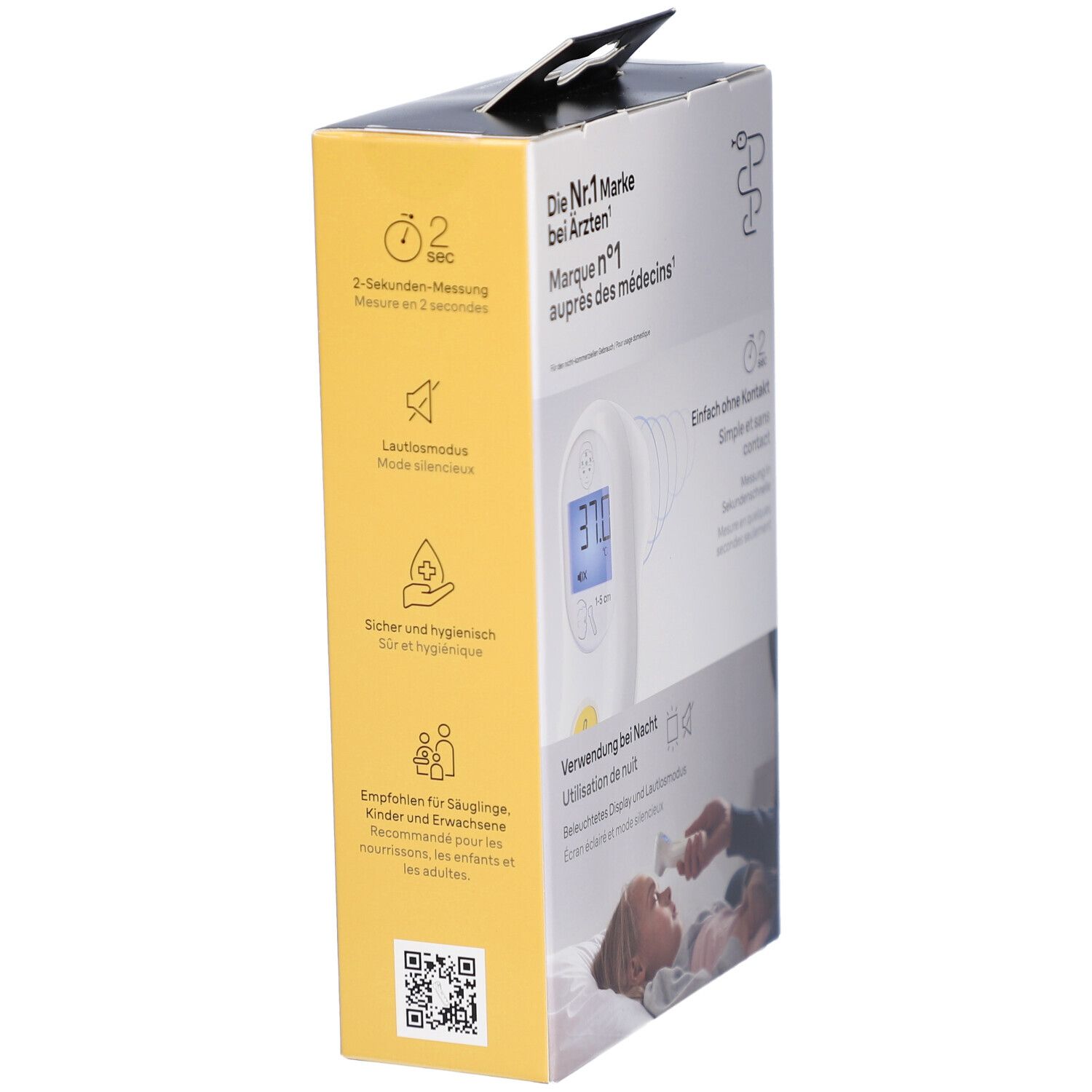 Verpackung des Braun Sensian™ 3. Gelbe Seite mit Symbolen: 2-Sekunden-Messung, Leisemodus, sicher und hygienisch, für Babys und Kinder.