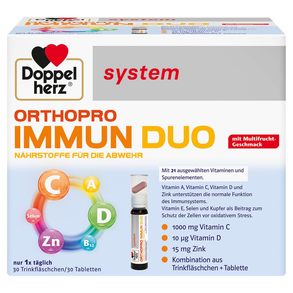 Doppelherz ORTHOPRO IMMUN DUO. Packung mit Trinkfläschchen und Tabletten. Enthält Vitamine und Mineralstoffe. Mit Multifrucht-Geschmack.