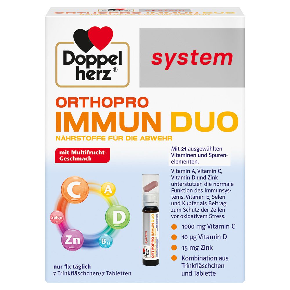 Doppelherz ORTHOPRO IMMUN DUO. Packung mit Trinkfläschchen und Tabletten. Enthält Vitamine und Mineralstoffe. Mit Multfrucht-Geschmack.