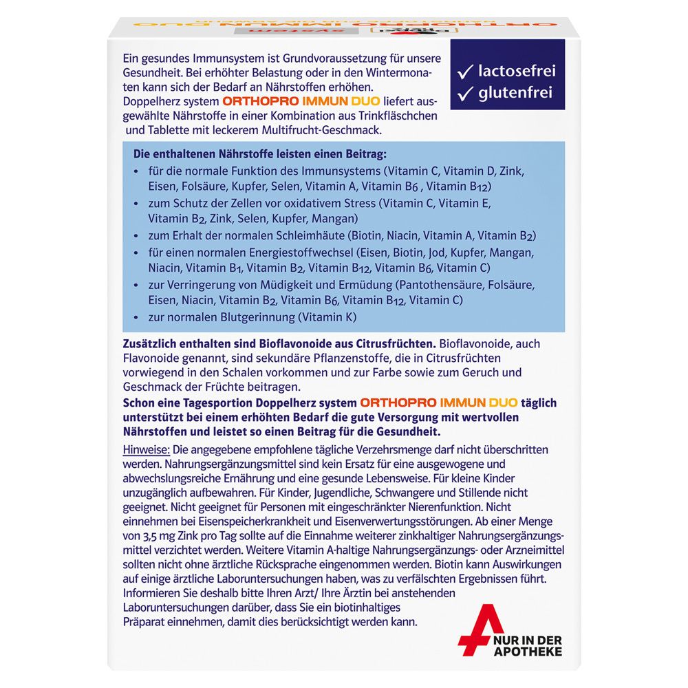 Rückseite der Doppelherz ORTHOPRO IMMUN DUO Packung. Informationen zu Inhaltsstoffen, Nährwerten und Anwendung. Laktose- und glutenfrei.