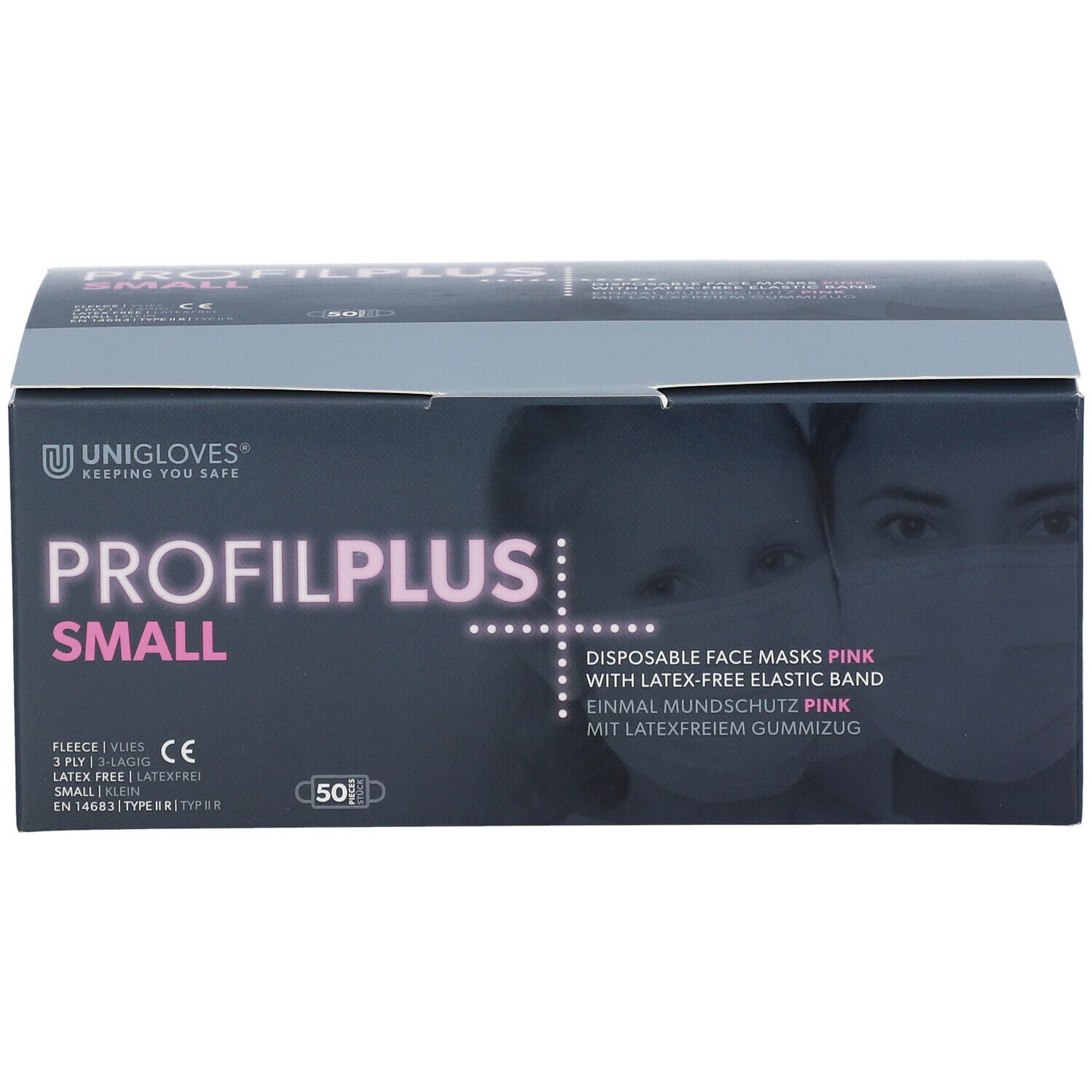 Verpackung von Einweg-Gesichtsmasken. Aufschrift: PROFILPLUS SMALL, 50 Stück. CE-Kennzeichnung.