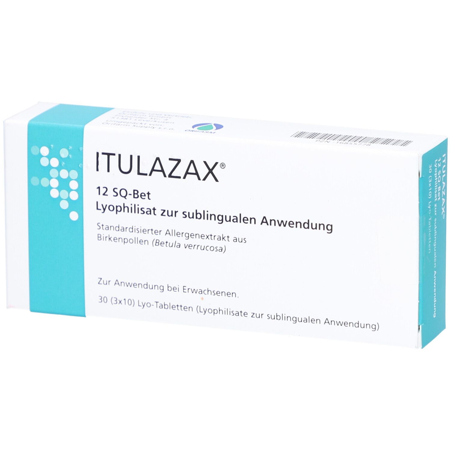 Weiße rechteckige Schachtel mit blauem Akzent. Aufschrift: ITULAZAX 12 SQ-Bet. Lyophilisat zur sublingualen Anwendung. 30 Tabletten.