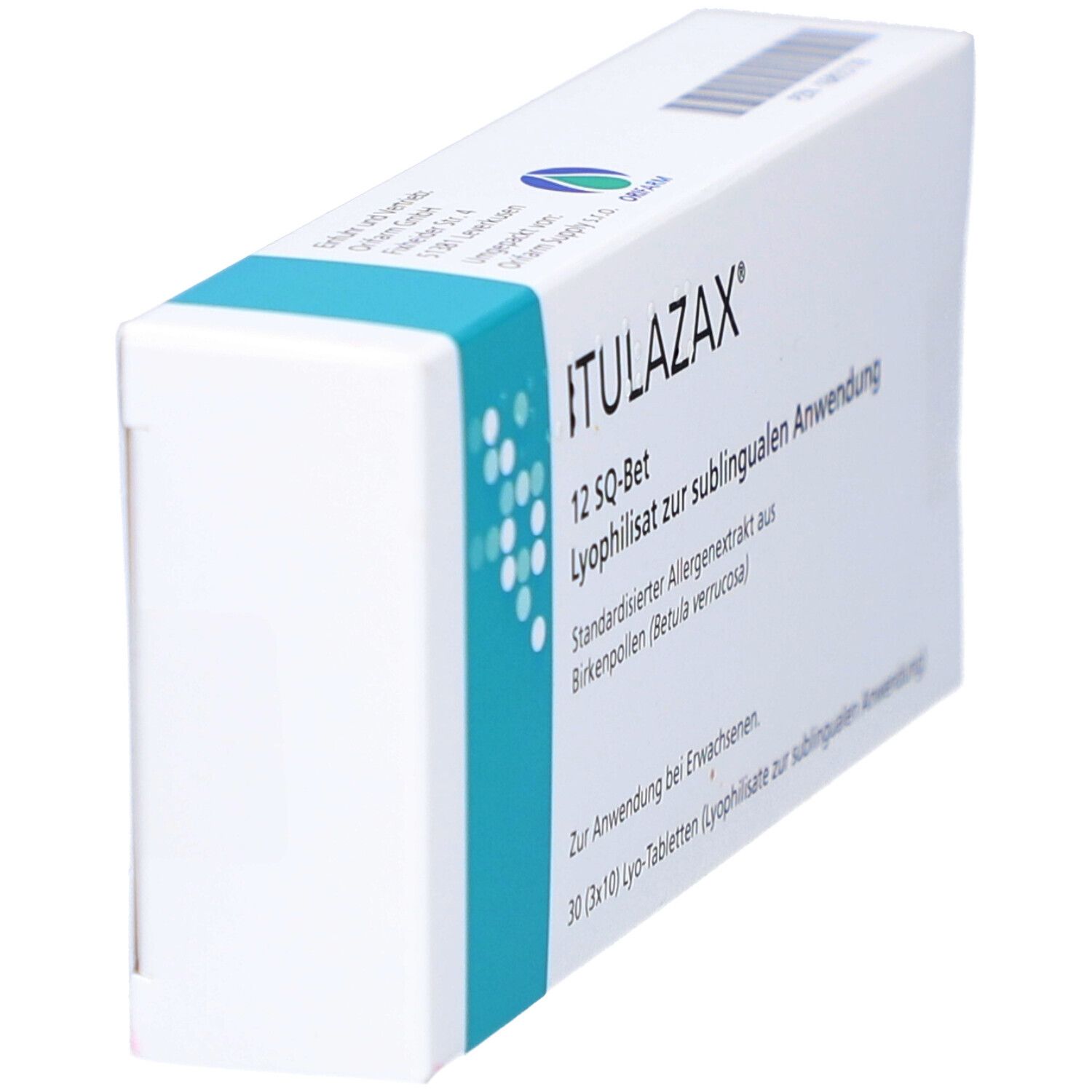 Weiße rechteckige Schachtel mit blauem Akzent. Aufschrift: ITULAZAX 12 SQ-Bet. 30 Tabletten. Ansicht von der Seite.