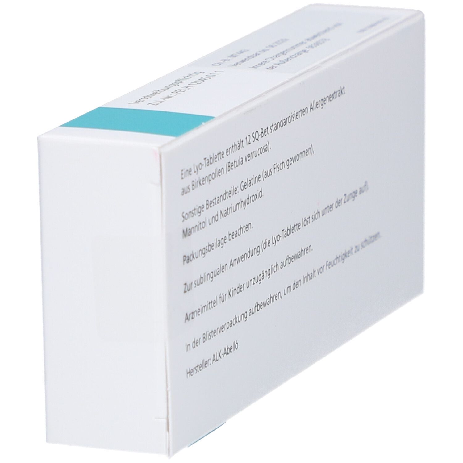 Weiße Faltschachtel mit blauer Akzentfarbe. Text auf Deutsch. Rückseite mit Produktinformationen. Perspektivische Ansicht.