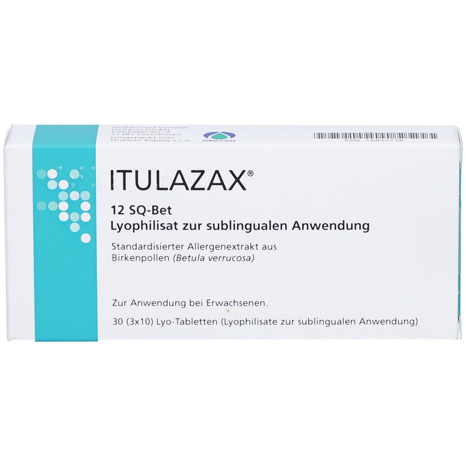 Weiße rechteckige Schachtel mit blauem Akzent. Aufschrift: ITULAZAX 12 SQ-Bet. Lyophilisat zur sublingualen Anwendung. 30 Tabletten.