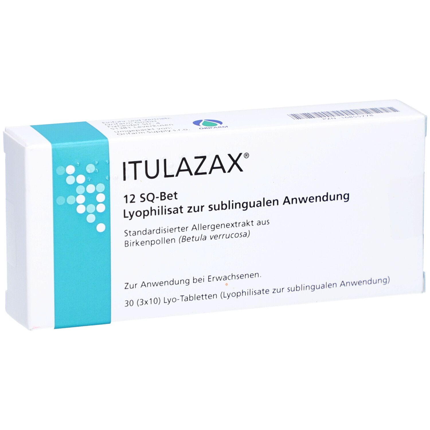 Weiße Faltschachtel mit blauer Akzentfarbe. Aufschrift: 'ITULAZAX 12 SQ-Bet'. Text auf Deutsch. Vorderansicht.