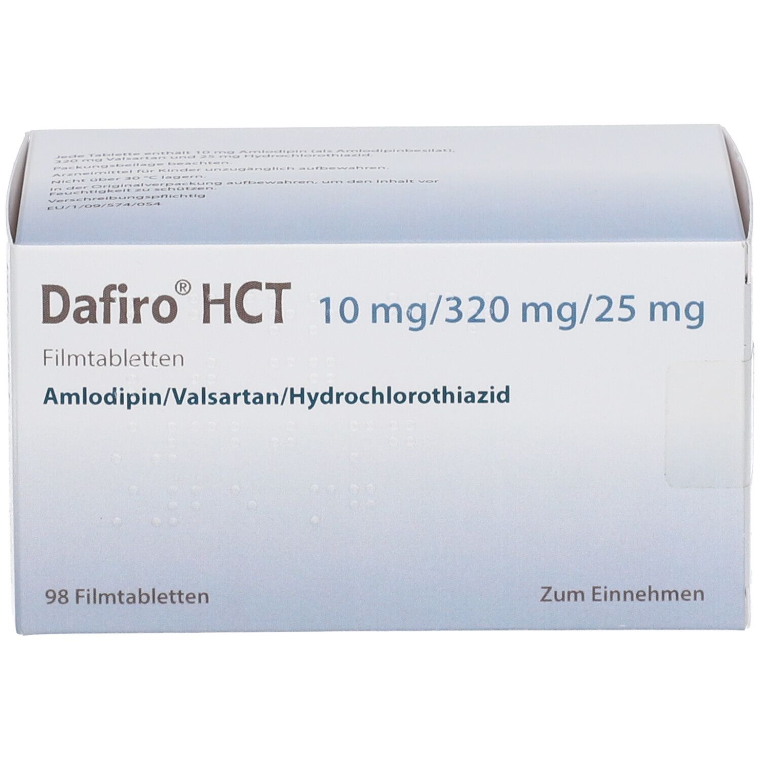 Schachtel mit Dafiro HCT Filmtabletten. Aufschrift: 10 mg/320 mg/25 mg, Amlodipin/Valsartan/Hydrochlorothiazid. 98 Filmtabletten.