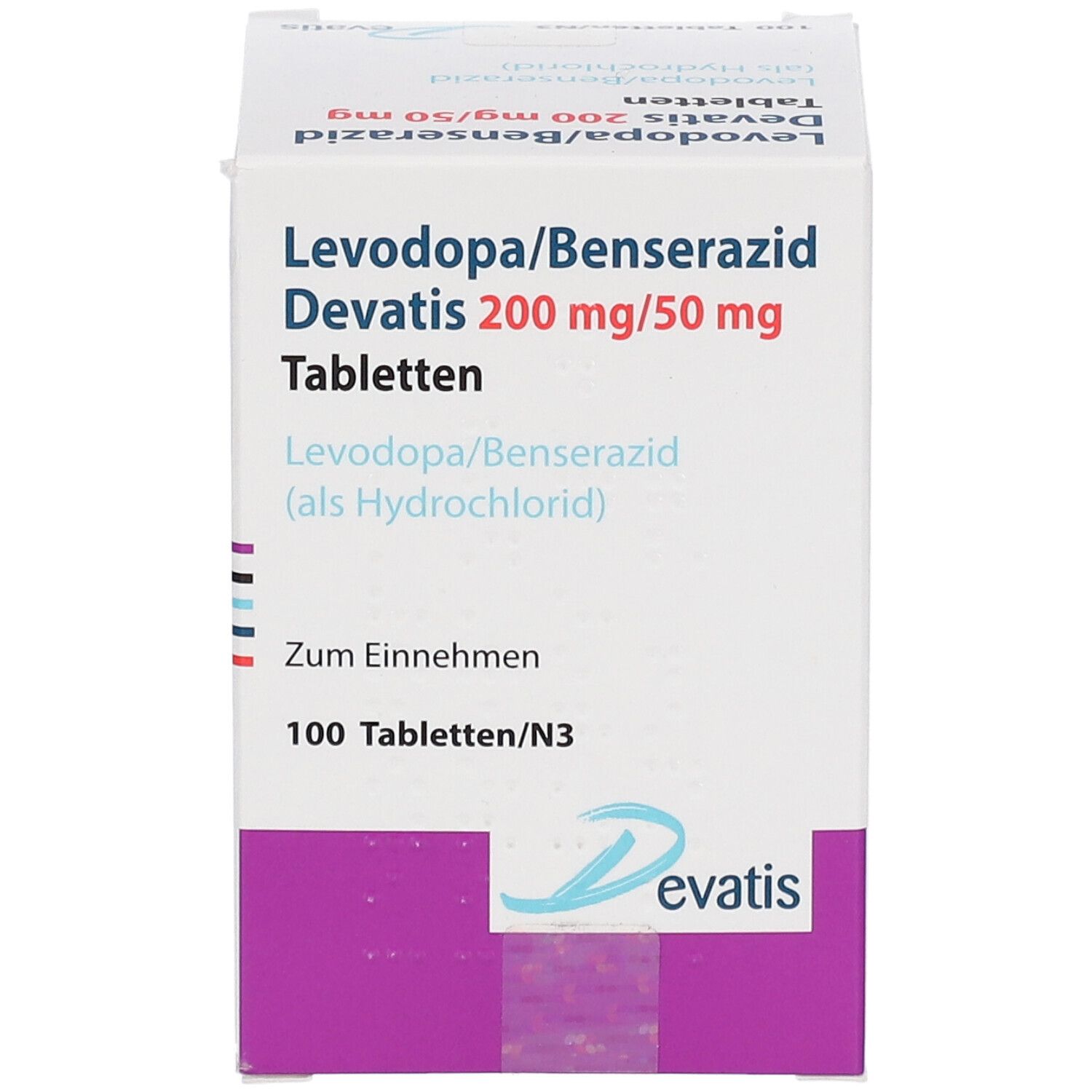 Levodopa/Benserazid Devatis 200 mg/50 mg Tabletten Schachtel, Vorderansicht.