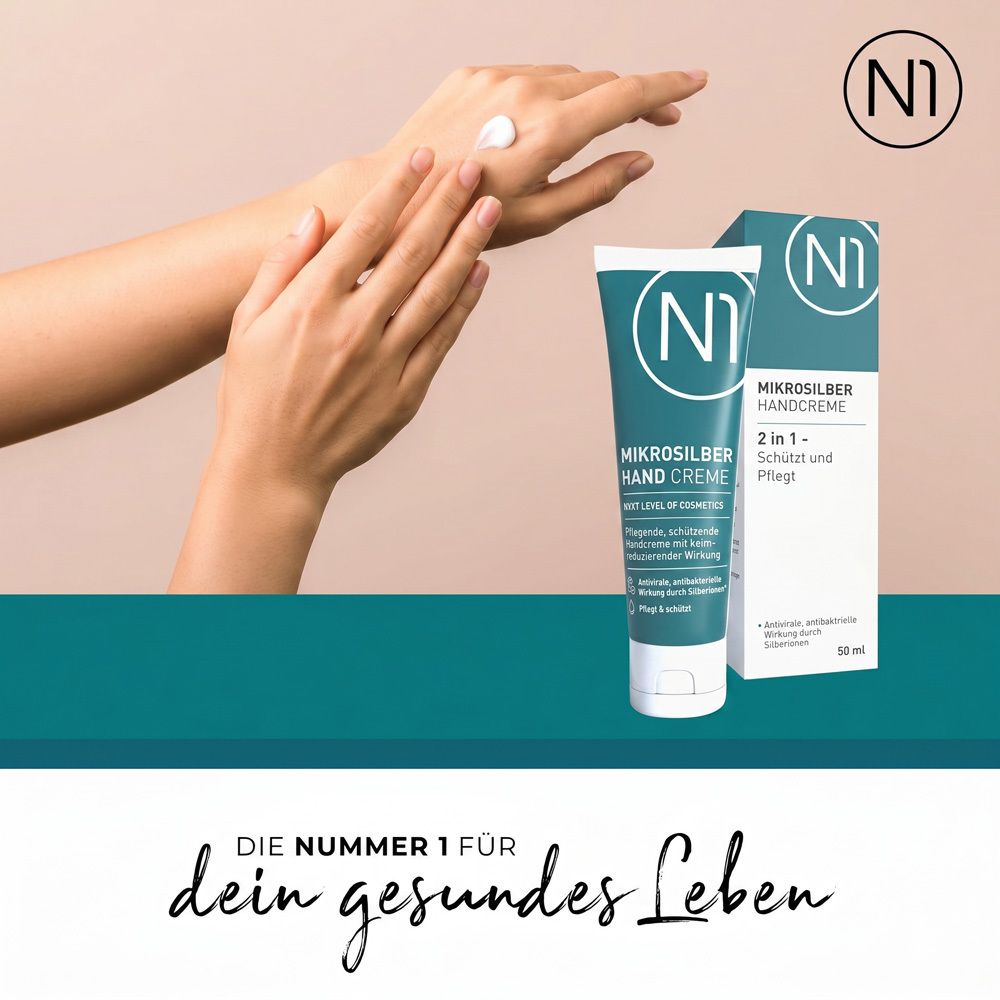 N1 Mikrosilber Handcreme Tube und Karton. Handpflege für trockene Hände.