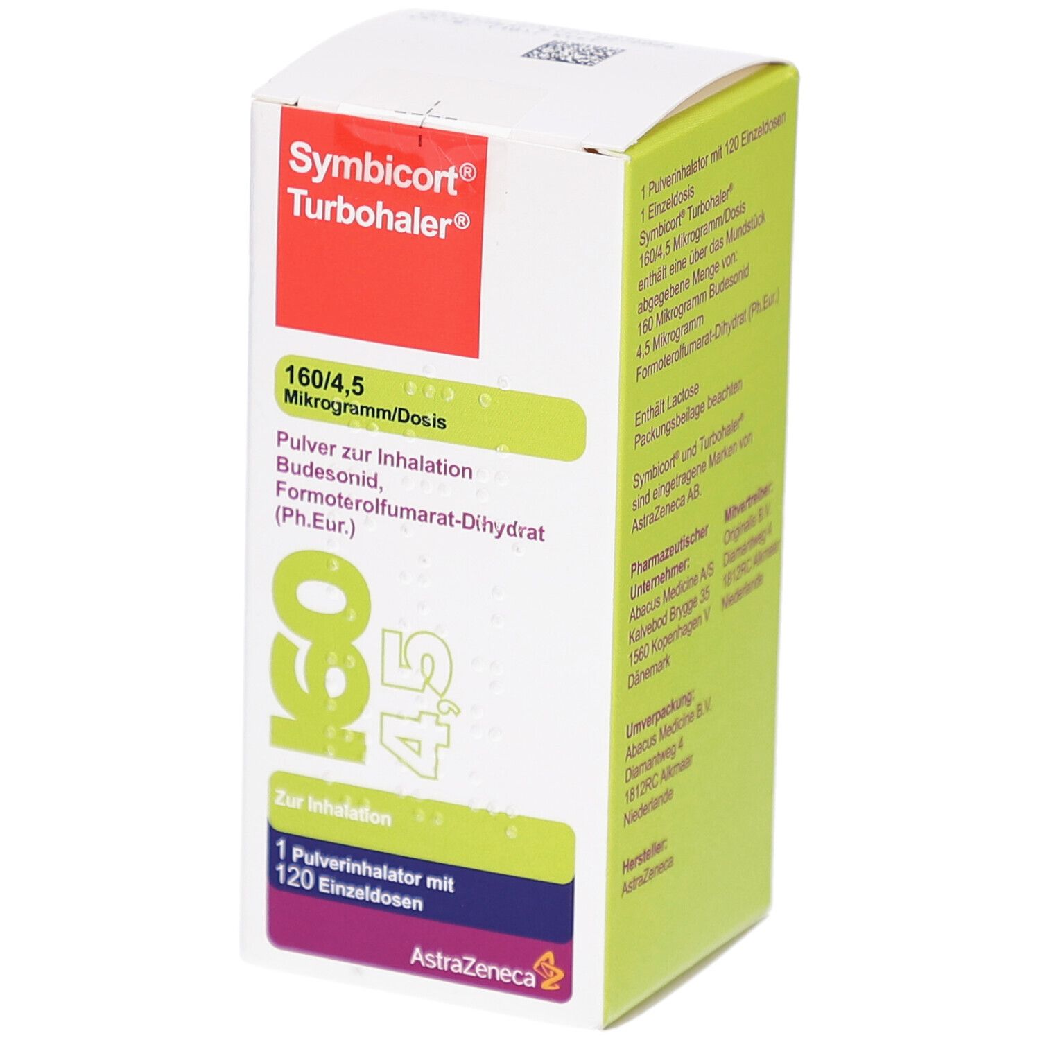 Weiße Schachtel mit roter und grüner Beschriftung. Enthält Informationen zu Dosierung und Inhaltsstoffen. Marke: Symbicort Turbohaler.