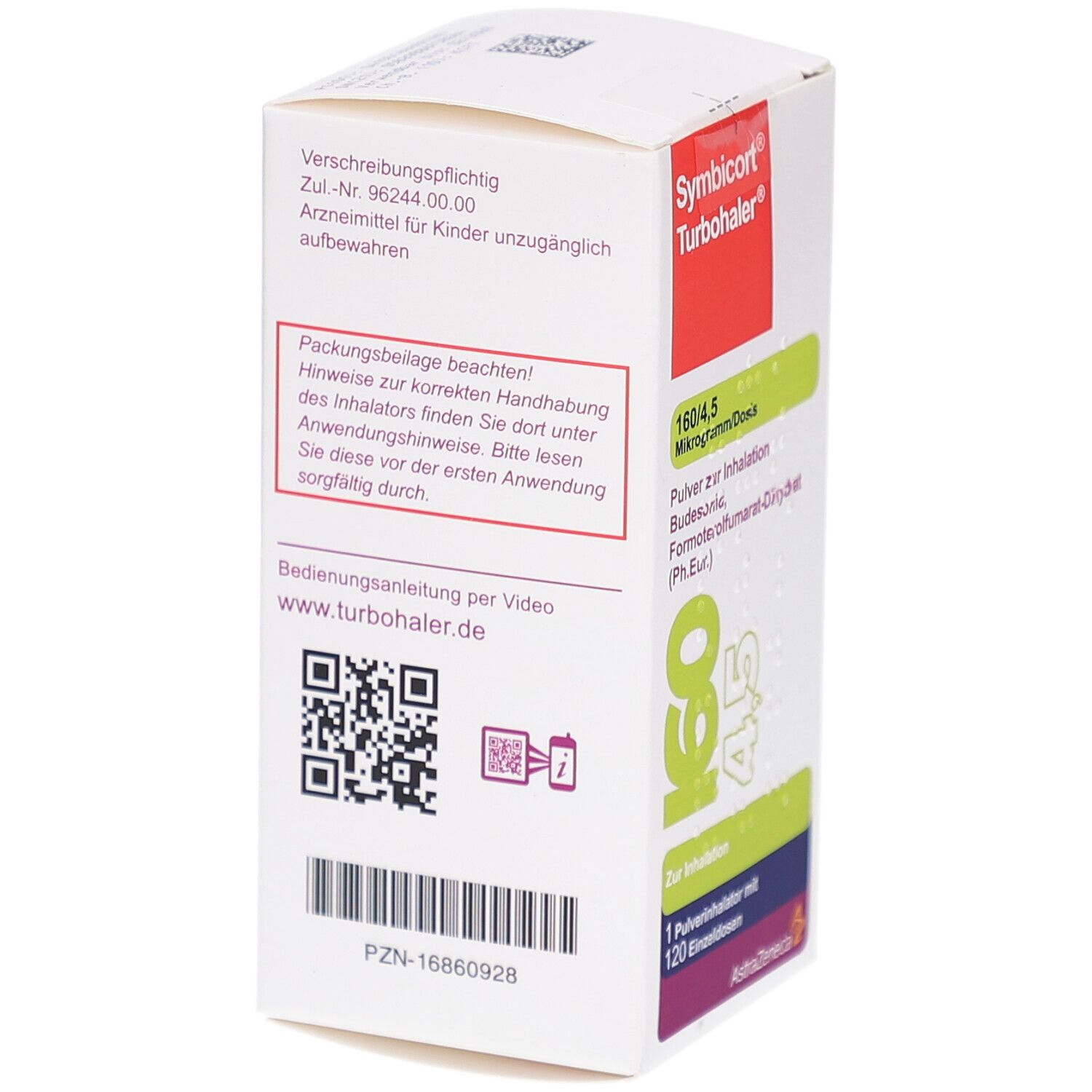 Rückseite der weißen Schachtel. Enthält Text über Anwendung und eine QR-Code. Marke: Symbicort Turbohaler.