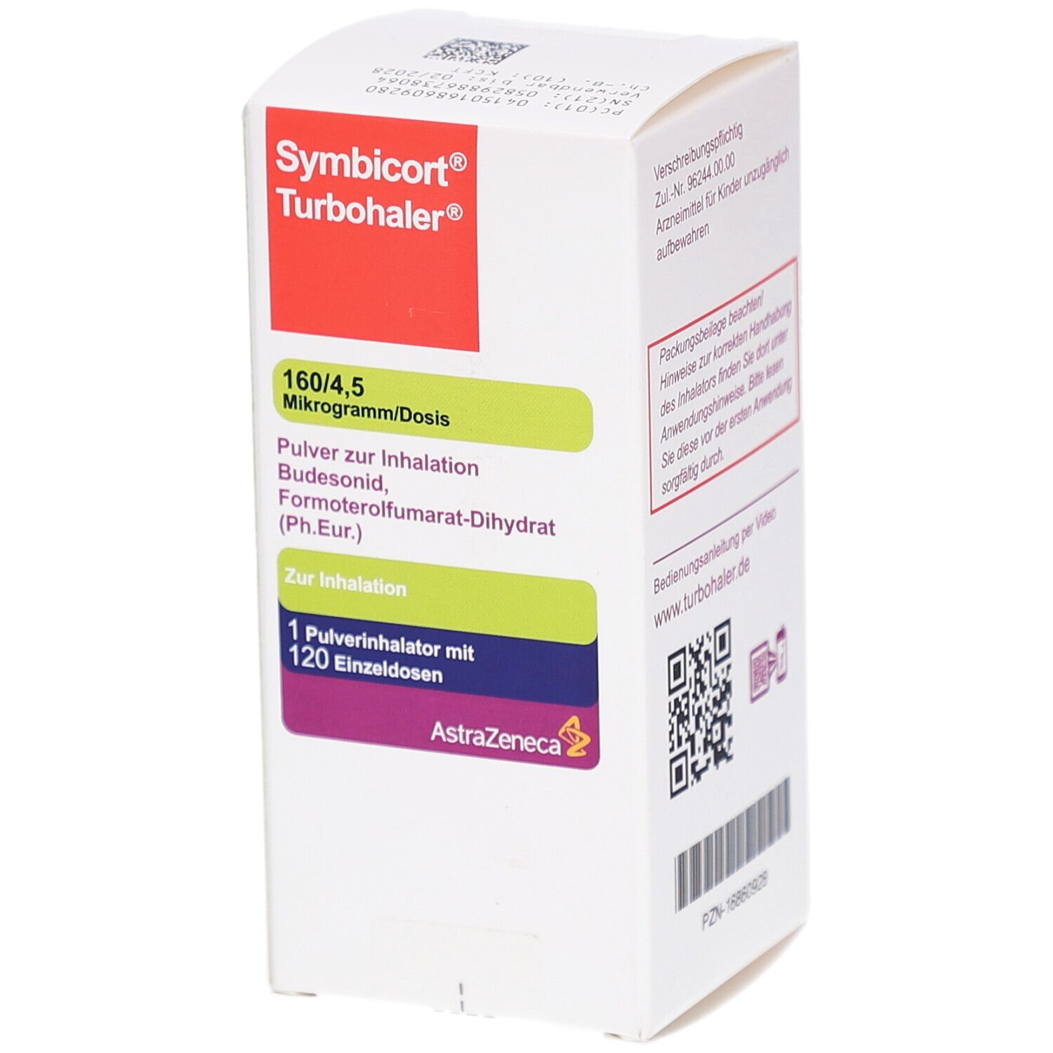 Weiße Schachtel mit roter und grüner Beschriftung. Enthält Informationen zu Dosierung und Inhaltsstoffen. Marke: Symbicort Turbohaler.