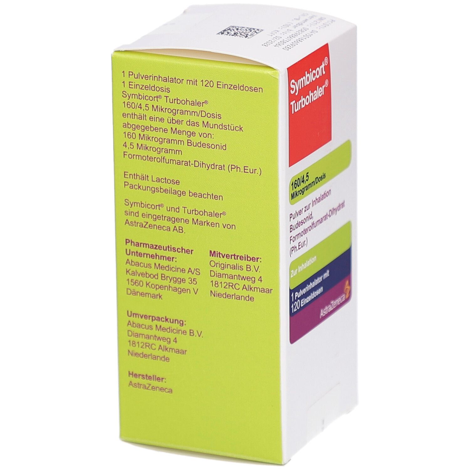 Weiße Schachtel mit roter und grüner Beschriftung. Enthält Informationen zu Dosierung und Inhaltsstoffen. Marke: Symbicort Turbohaler.
