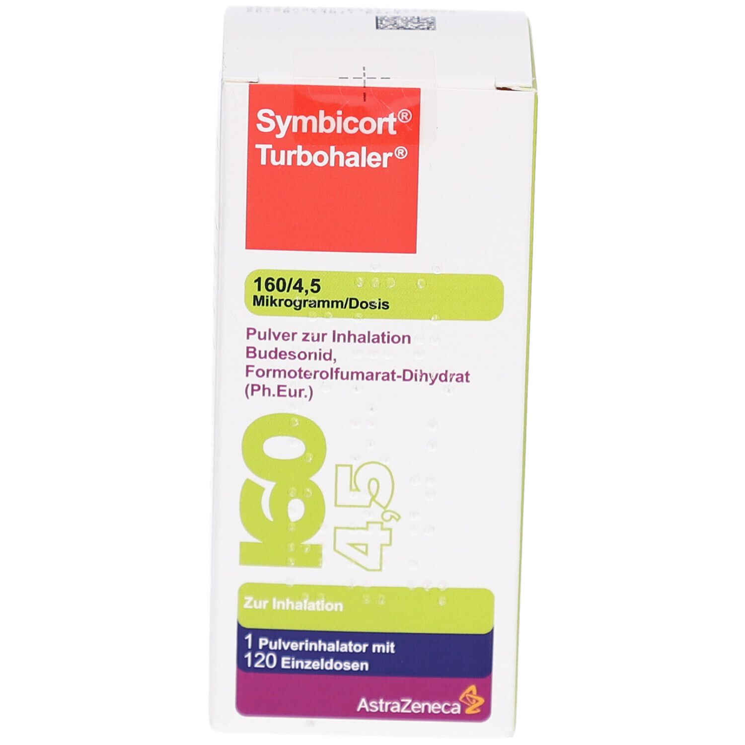 Weiße Schachtel mit roter und grüner Beschriftung. Enthält Informationen zu Dosierung und Inhaltsstoffen. Marke: Symbicort Turbohaler.