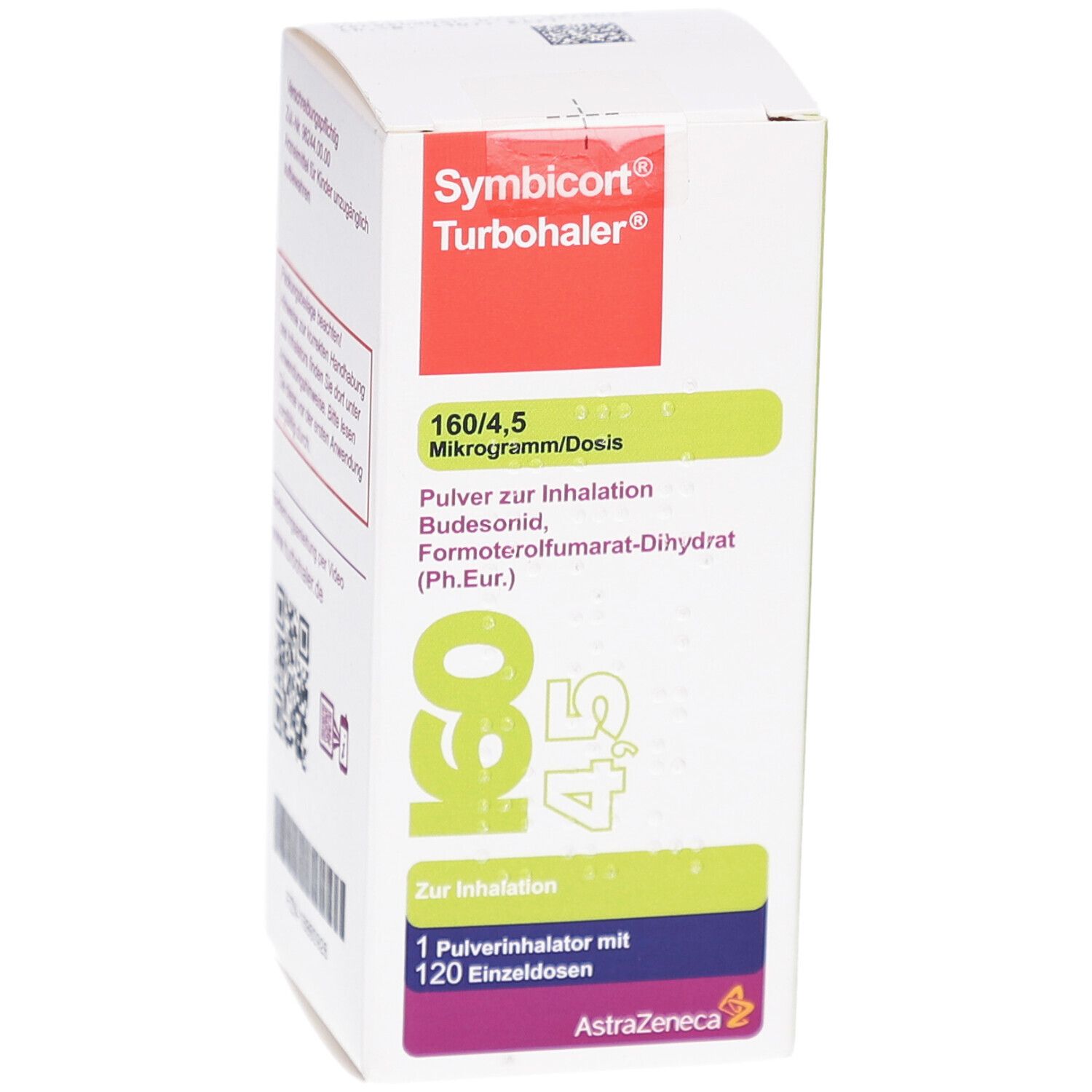 Weiße Schachtel mit roter und grüner Beschriftung. Enthält Informationen zu Dosierung und Inhaltsstoffen. Marke: Symbicort Turbohaler.