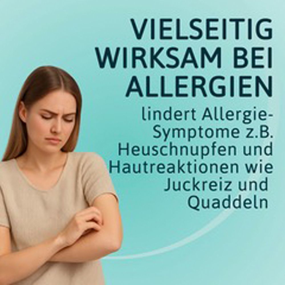 Text: Vielseitig wirksam bei Allergien. Lindert Allergie-Symptome wie Heuschnupfen und Hautreaktionen wie Juckreiz und Quaddeln.