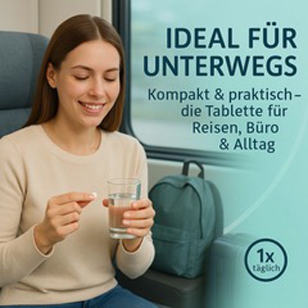 Eine Frau nimmt eine Tablette mit einem Glas Wasser ein. Text: Ideal für unterwegs. Kompakt & praktisch - die Tablette für Reisen, Büro & Alltag.